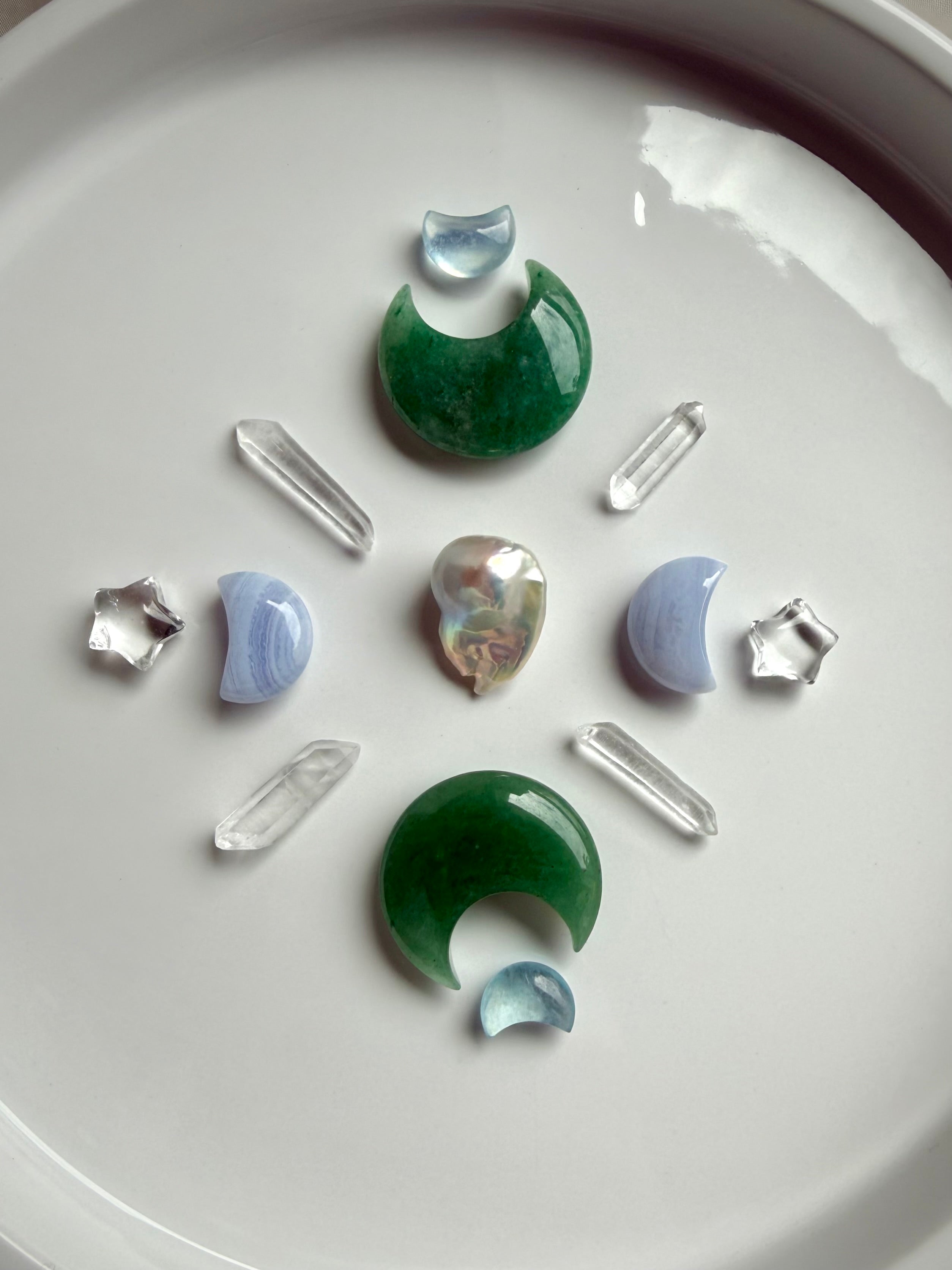 Crystal grid with Green Aventurine, Blue Lace Agate, and Aquamarine moons, with pearl and clear quartz, Heart Chakra and Throat Chakra stones for love and clear communication