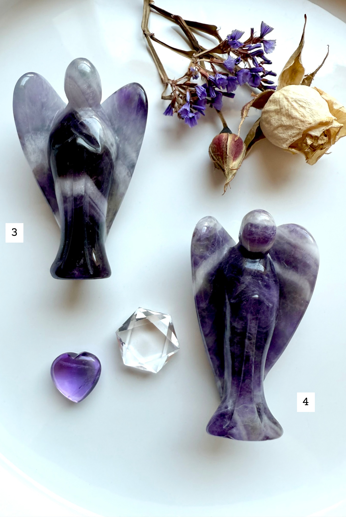 Dream Amethyst angel carvings front view – chevron banded amethyst crystal angels for peace + protection