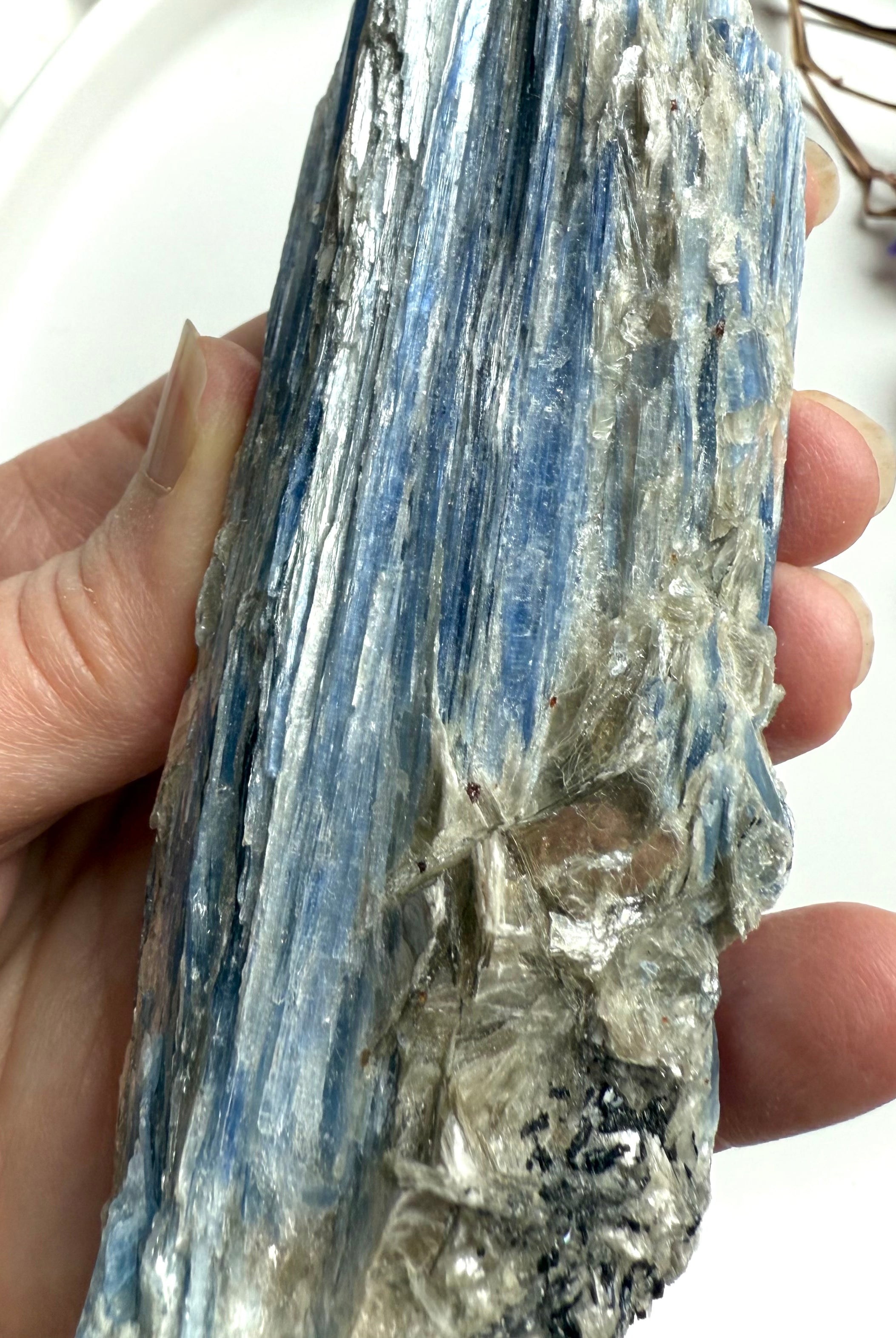 Close-up of raw blue kyanite blades with muscovite sparkle, high vibration healing crystal specimen