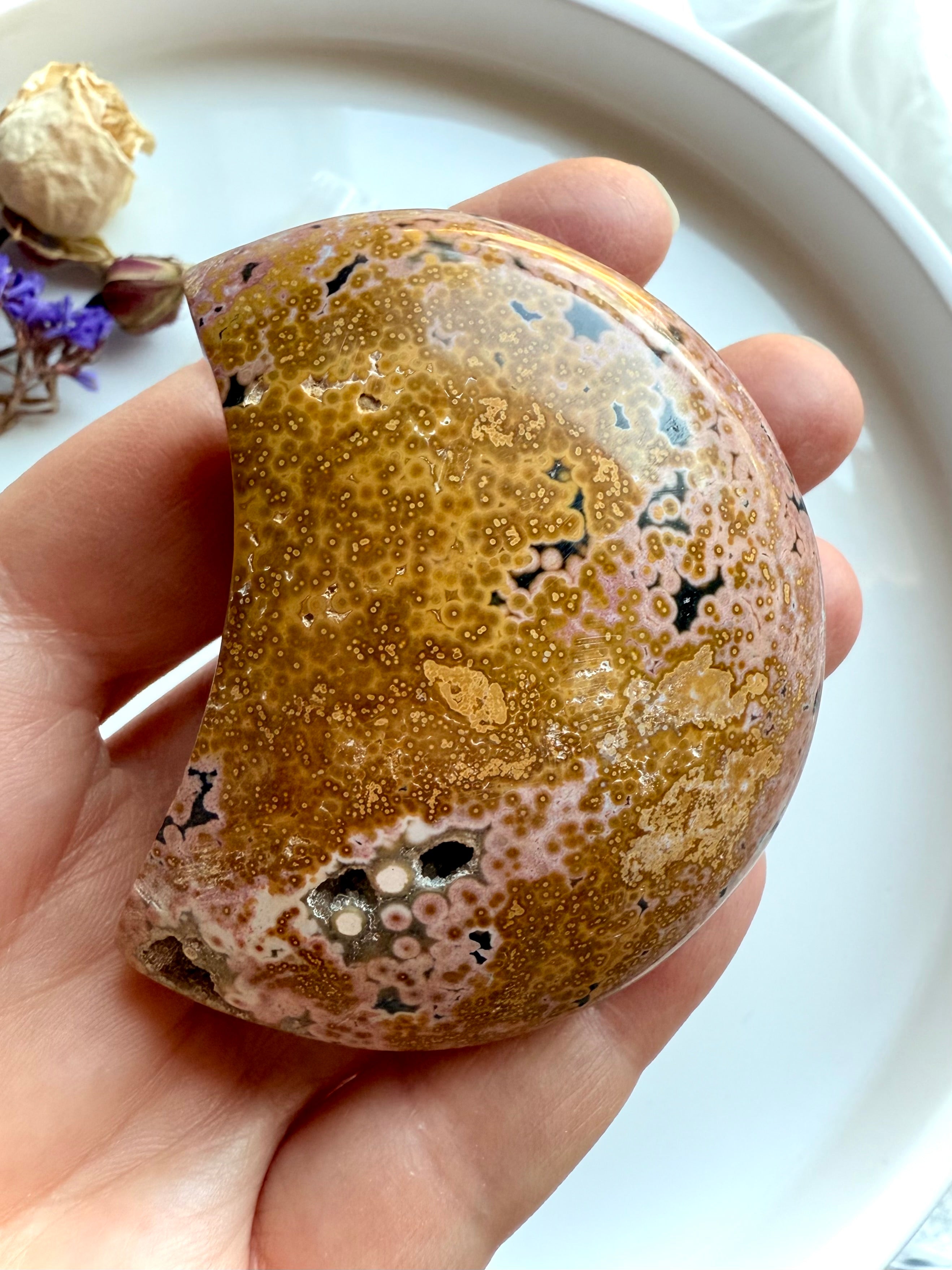 peachy yellow ocean jasper moon with detailed orbicular markings displayed in hand, a nurturing crystal for emotional healing and heart-centered support