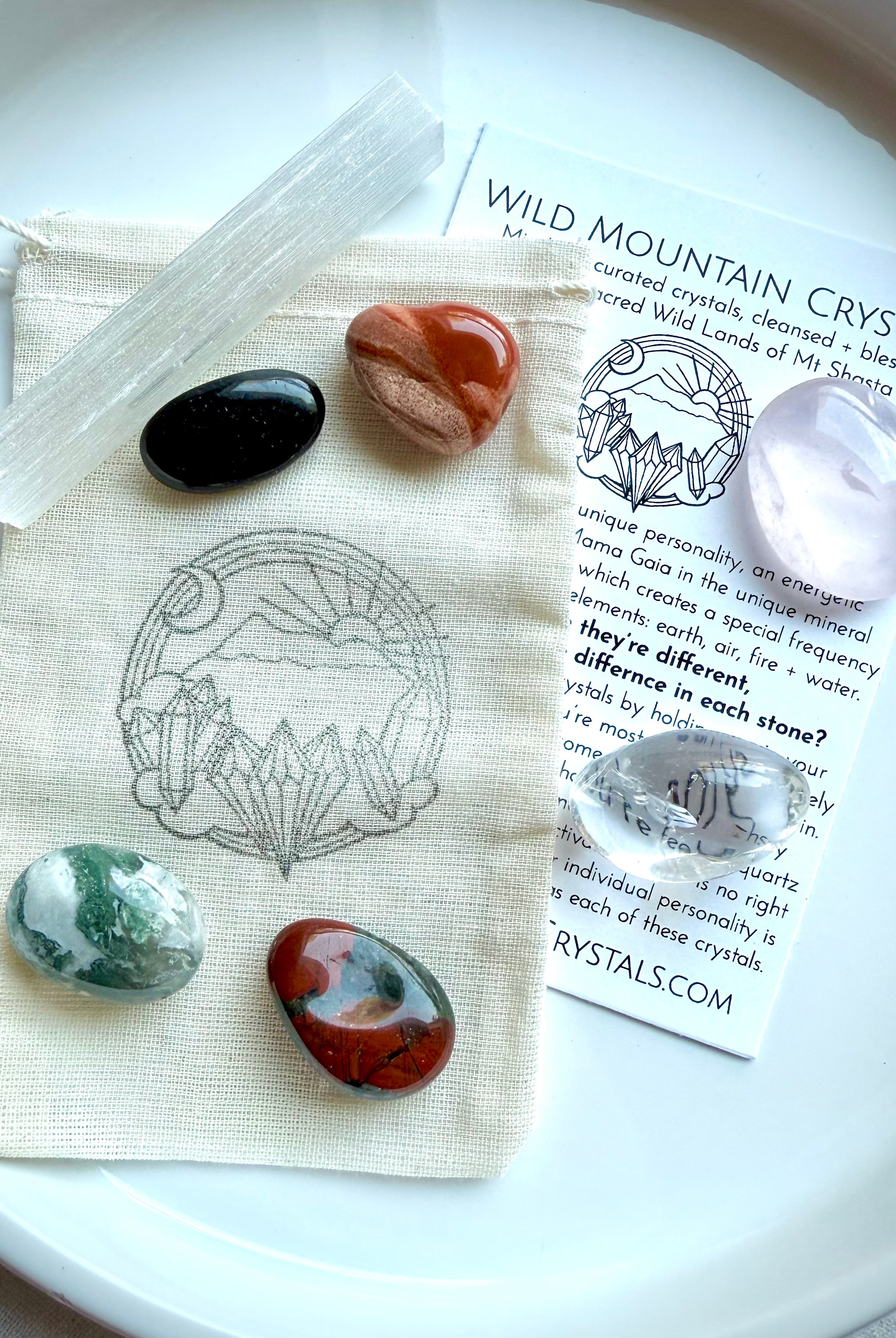 Healing crystals with cotton pouch and crystal info card from Get Well Crystal Set