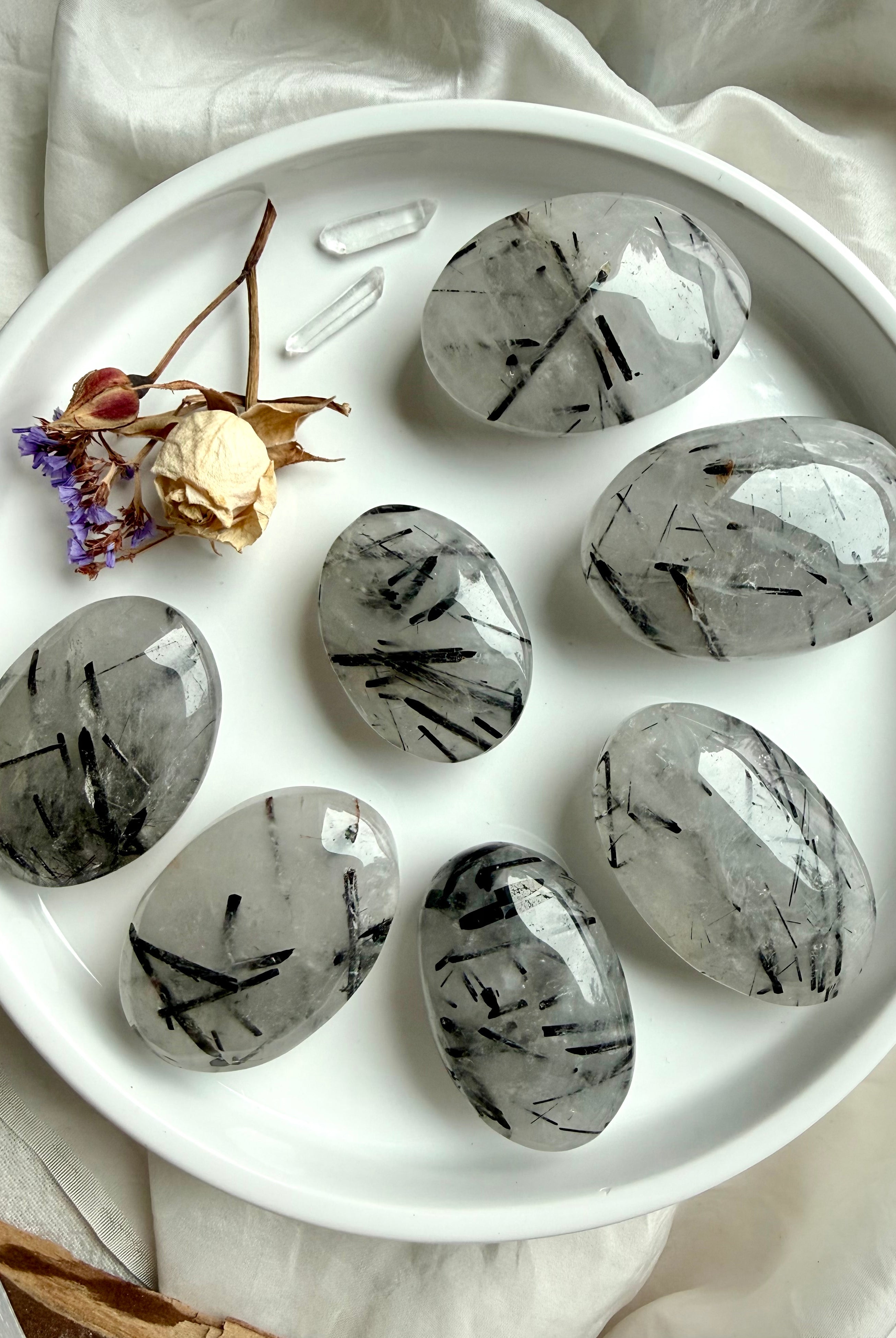 Black Tourmaline in Quartz palm stones choose your own Tourmalinated Quartz crystals for protection and grounding