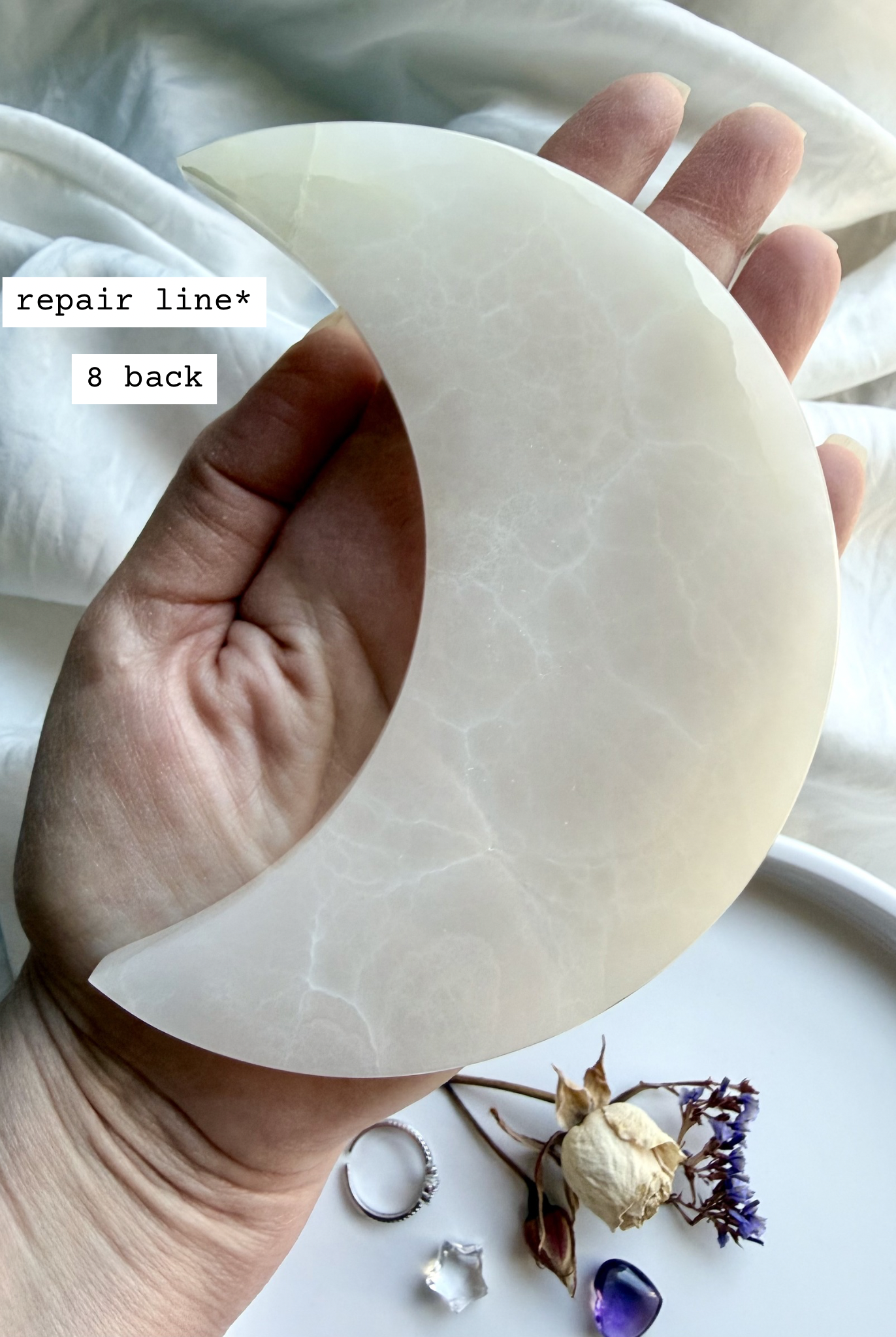 white onyx crescent moon plate # 8 front translucent crystal moon dish for jewelry display and altar