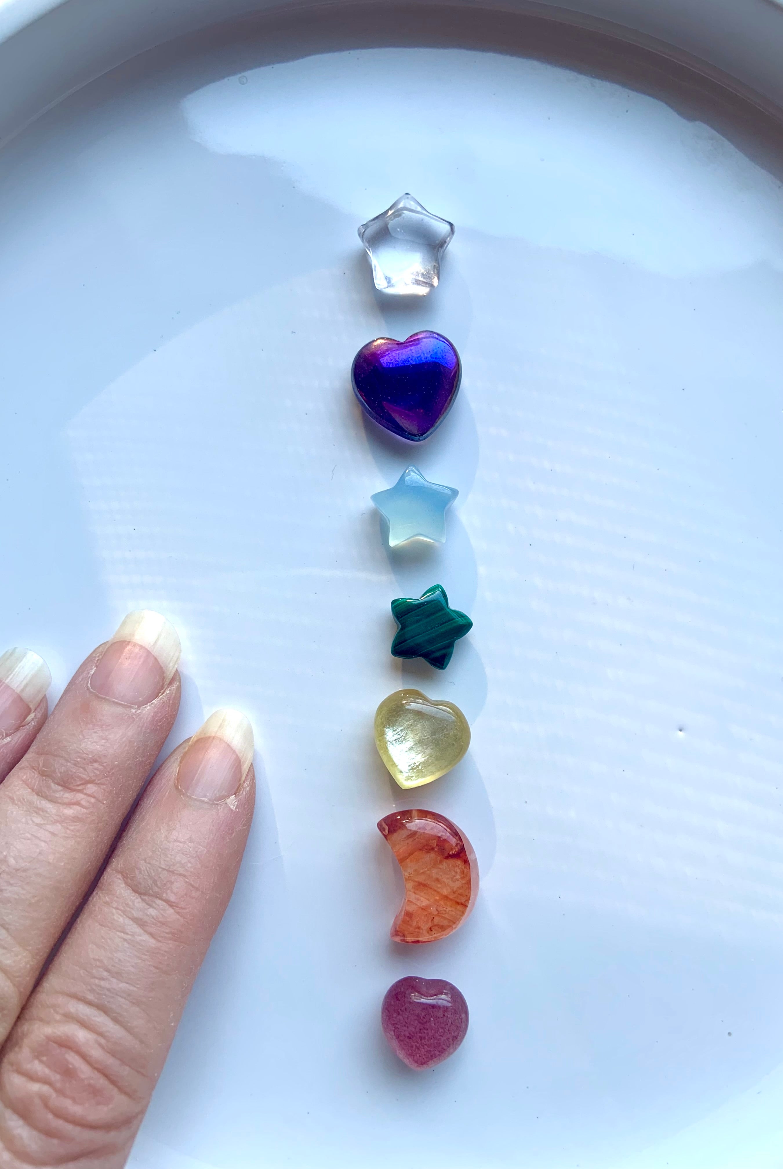 Premium chakra crystal set of 7 mini carved gems in high-vibe rainbow heart, moon & star shapes