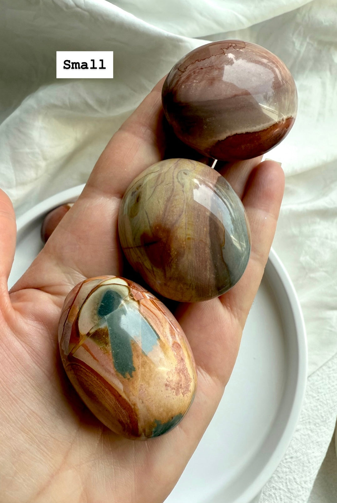 Small Polychrome Jasper palm stone in hand with soft, earthy colors and grounding crystal energy.