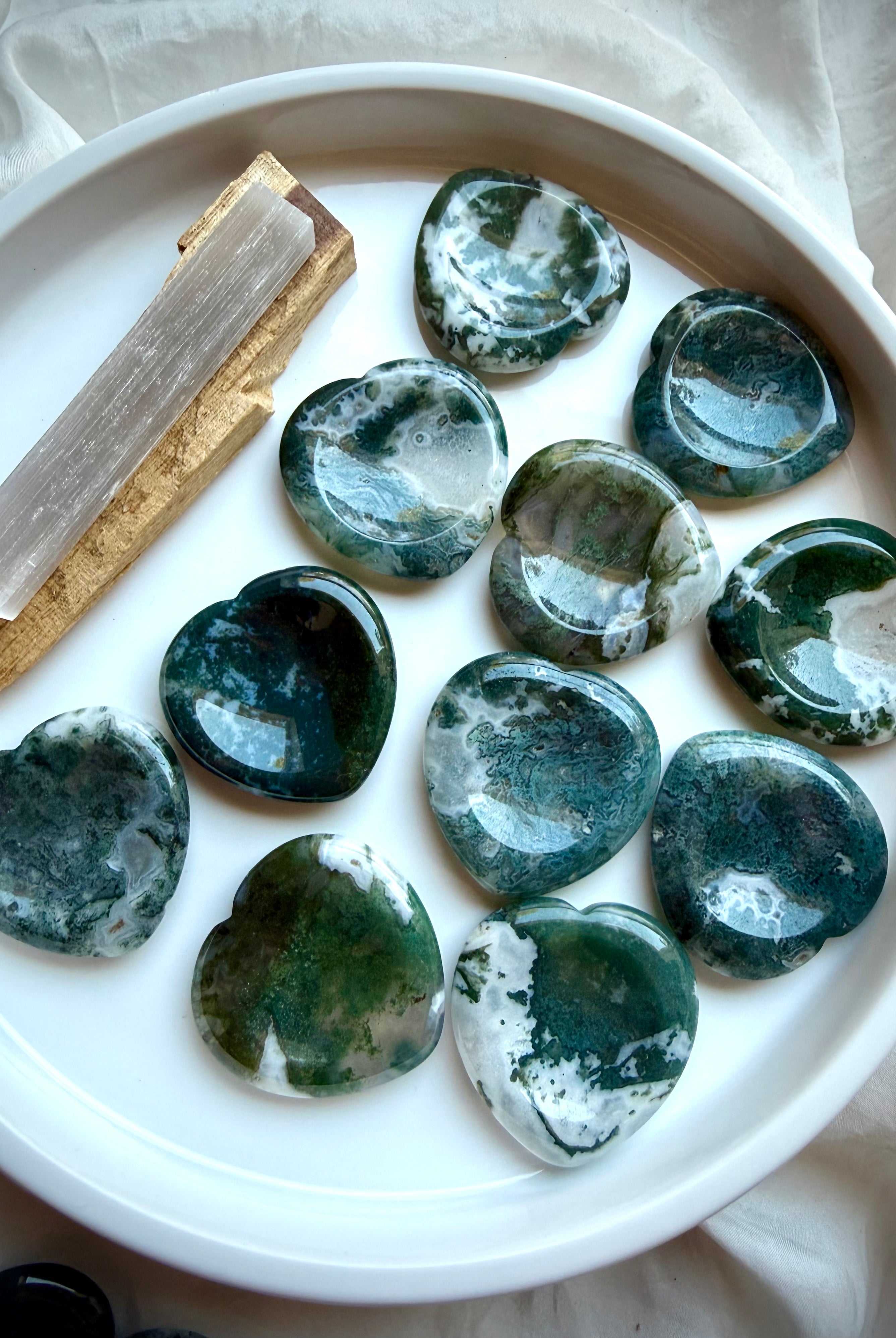 Moss Agate heart worry stones with forest green inclusions for growth, abundance and new beginnings