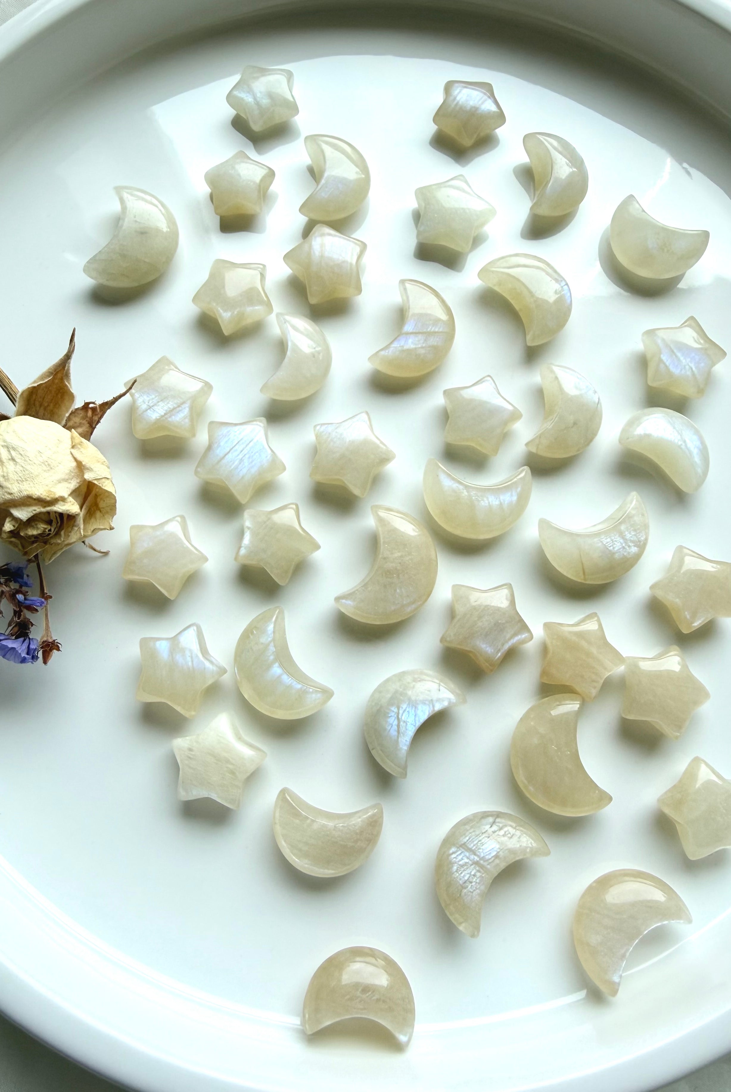 Mini Moonstone moons and stars for moon rituals, crystal grids, and altar decor