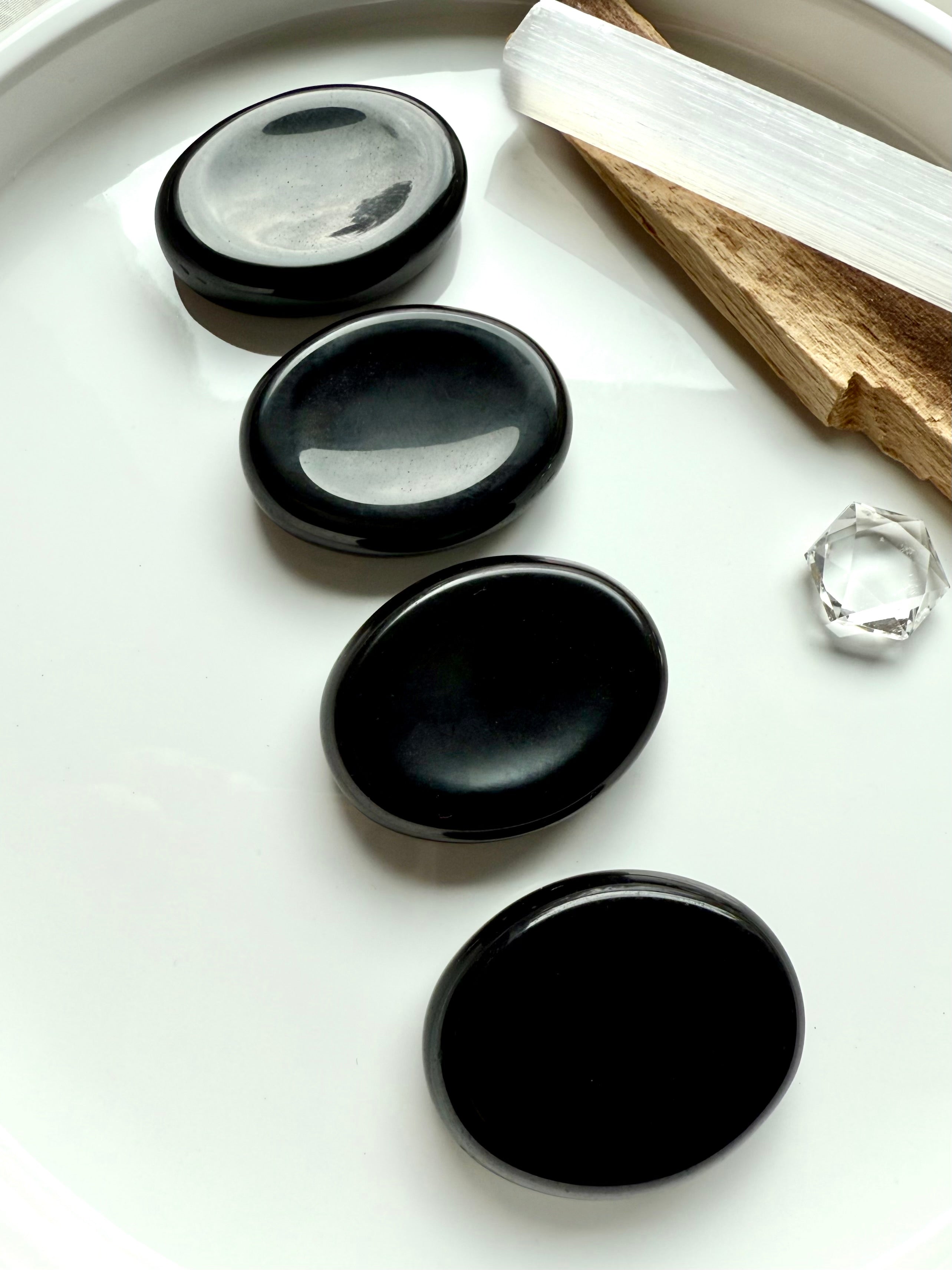 Set of Black Obsidian worry stones with subtle sheen – healing pocket stones with Palo Santo + selenite
