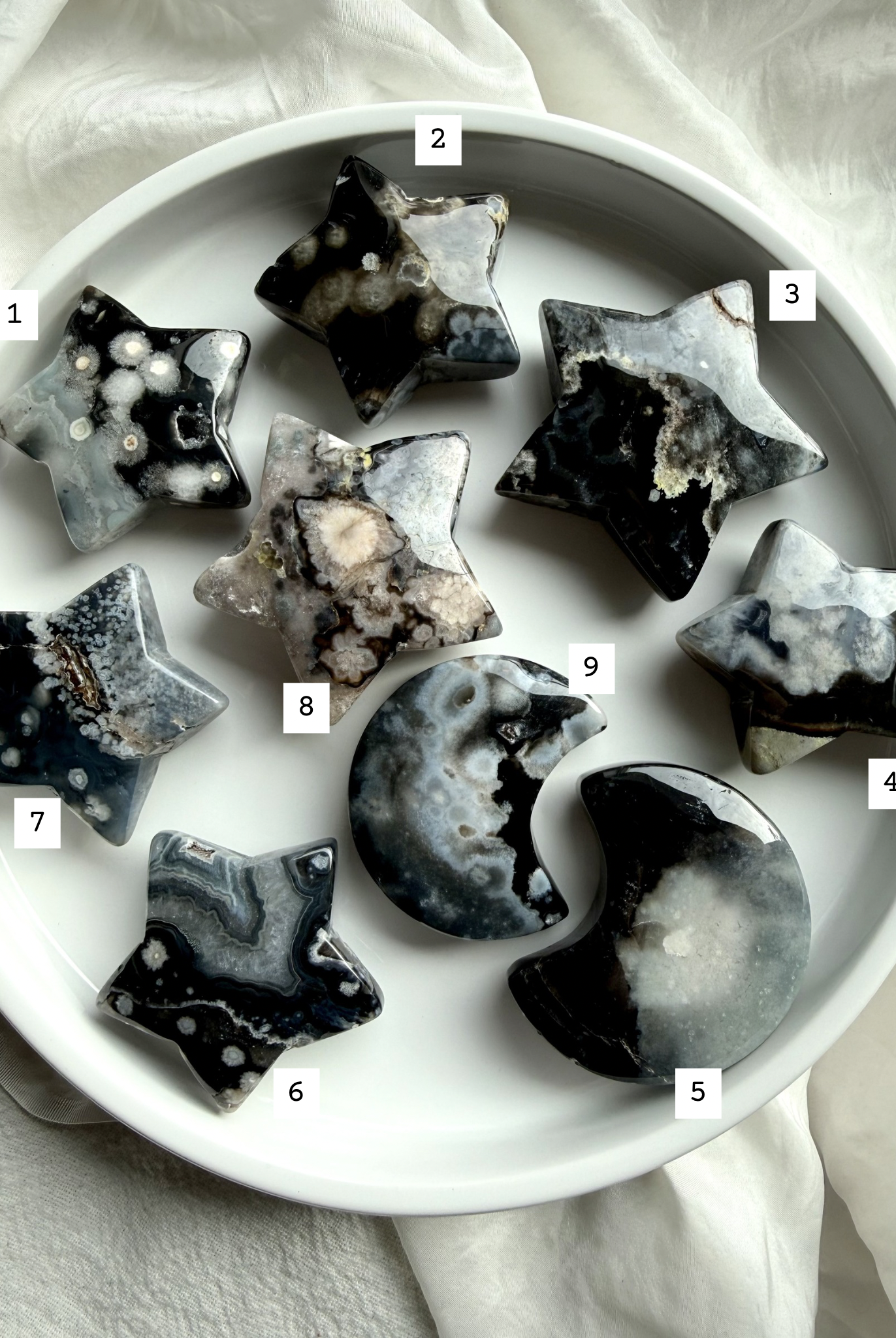 black flower agate moon and star carvings choose your own crystal set with natural white floral plume patterns marked with options 1-9