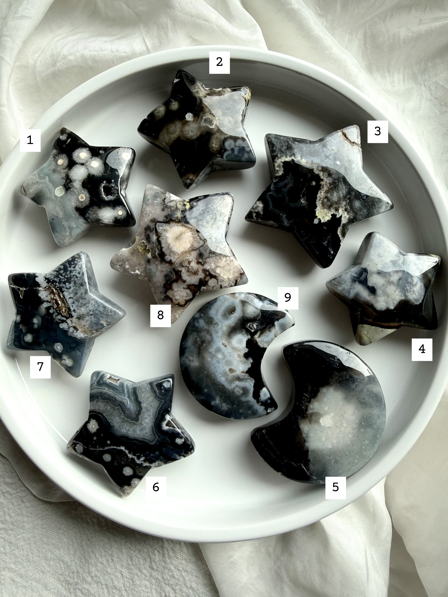 black flower agate moon and star carvings choose your own crystal set with natural white floral plume patterns marked with options 1-9