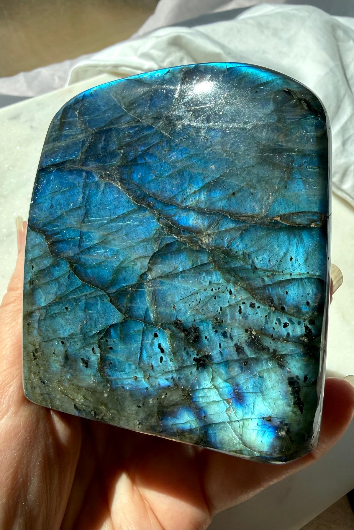 Madagascar Labradorite freeform with vivid blue flash, dark natural patterning and glossy polish