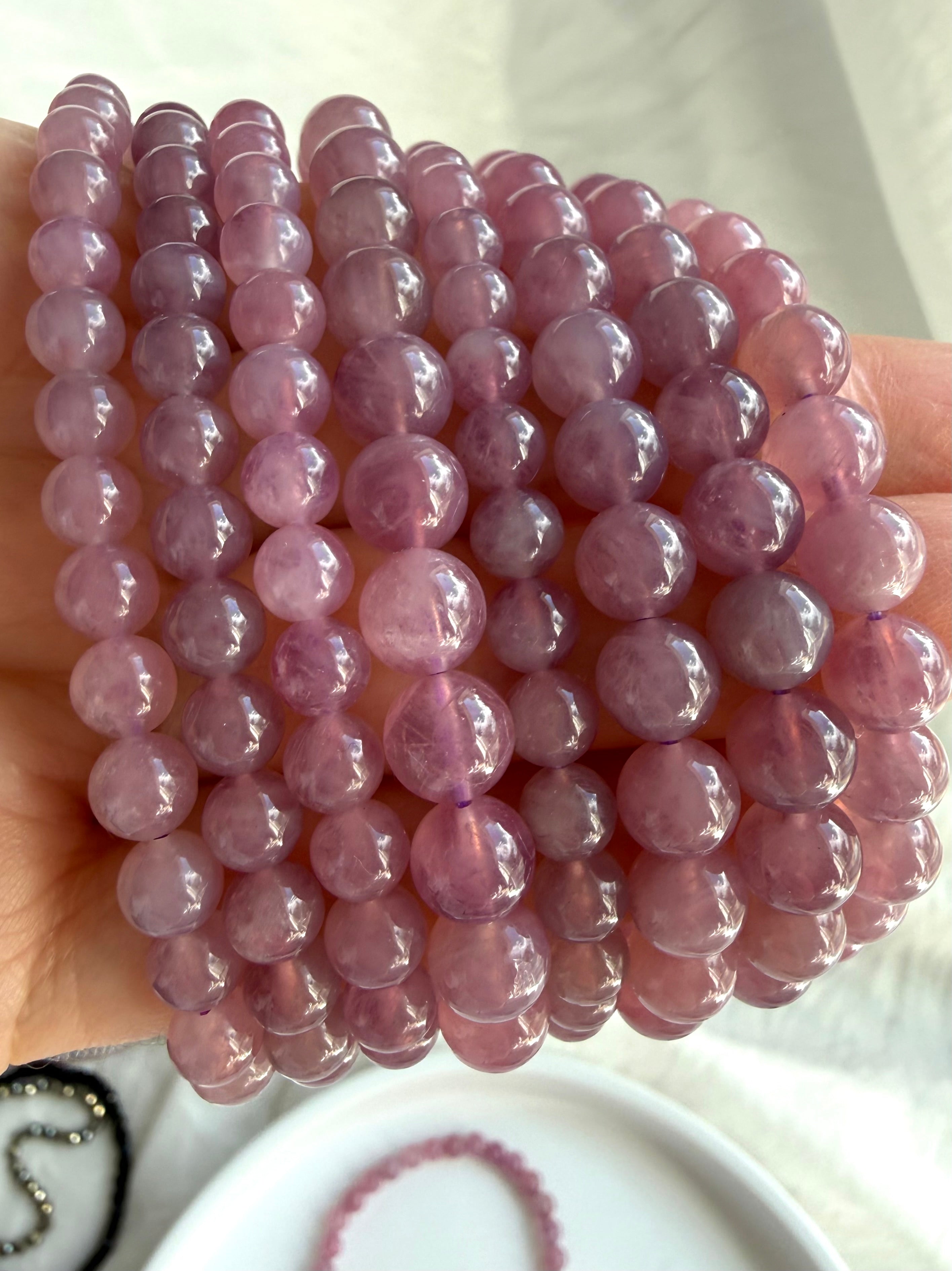 Close-up of Lavender Rose Quartz Bracelet showing natural translucency, internal character, and soft lavender tones