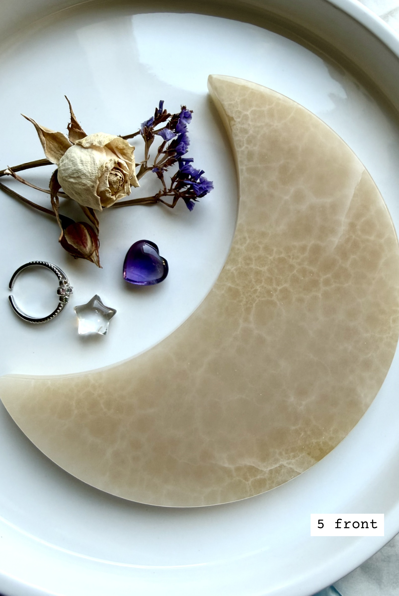 white onyx crescent moon plate # 5 front Mexican onyx crystal moon dish with warm cream and honey tones for jewelry display