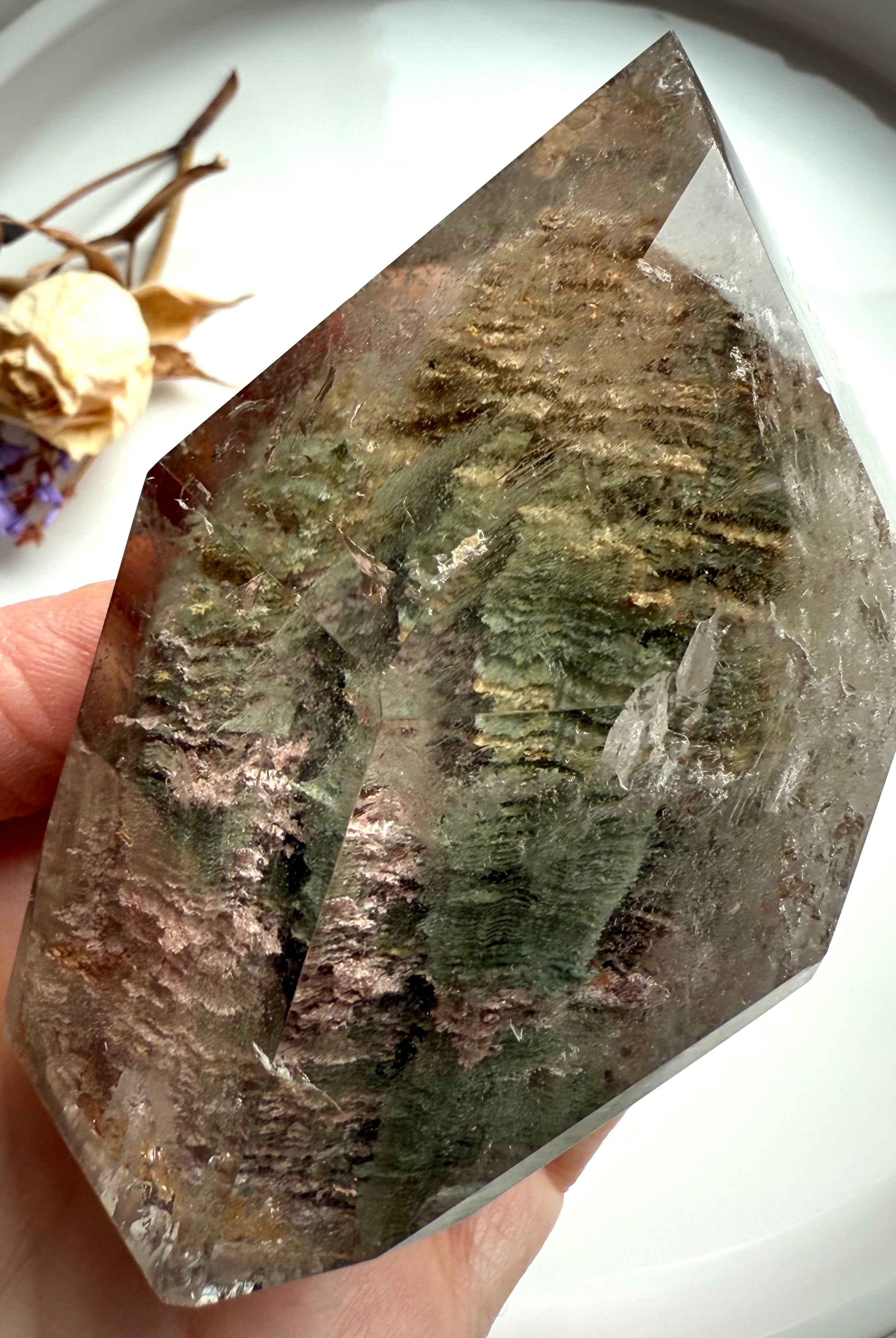 Side view of Thousand Layer Garden Quartz phantom crystal with visible layered growth patterns