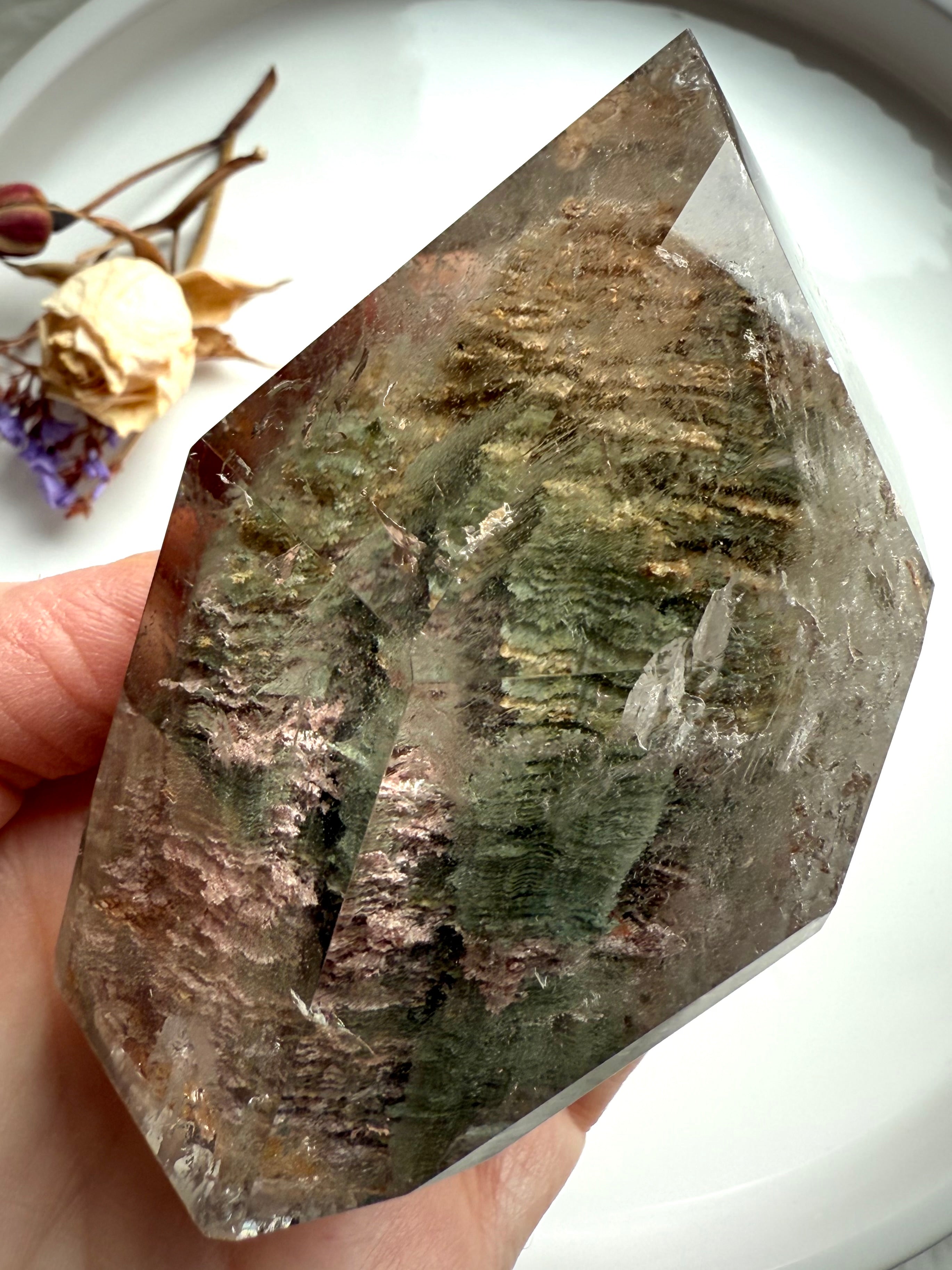 Side view of Thousand Layer Garden Quartz phantom crystal with visible layered growth patterns