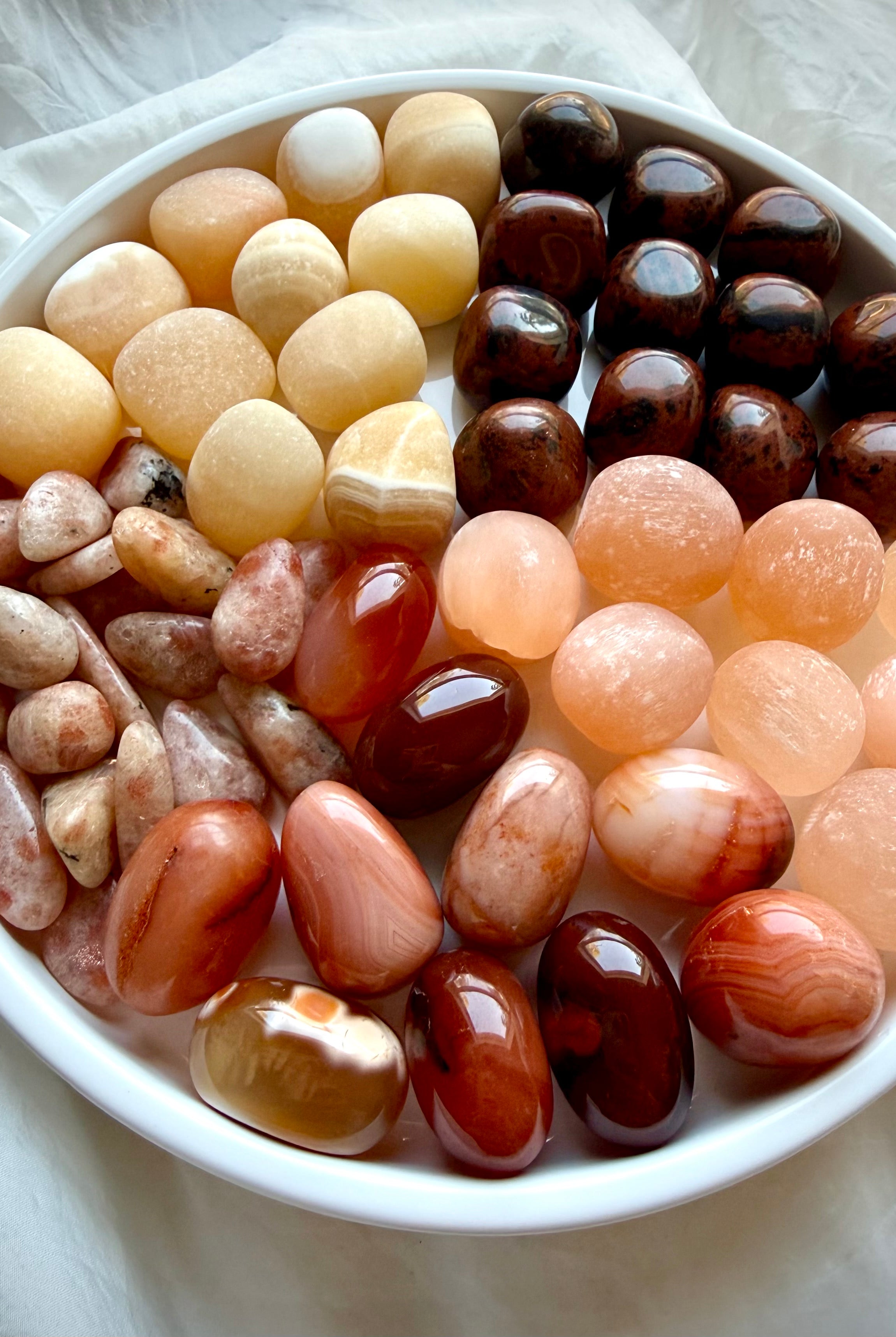 Sacral Chakra crystal set with Orange Calcite, Carnelian, Peach Selenite, Mahogany Obsidian, and Sunstone