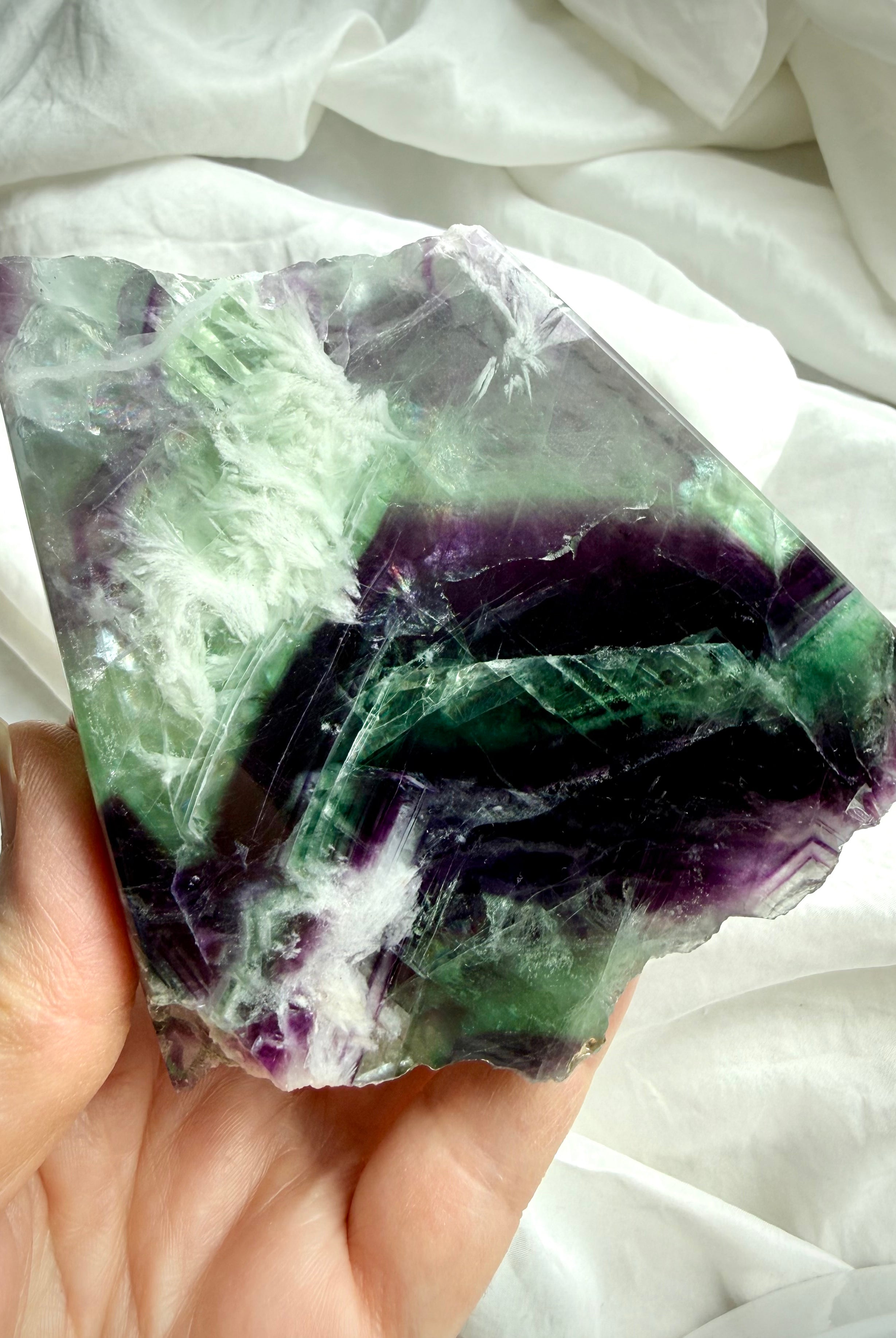 One of a kind green and purple fluorite slab with rainbow flashes and scolecite snowflake inclusions – crystal for clarity, intuition + calm