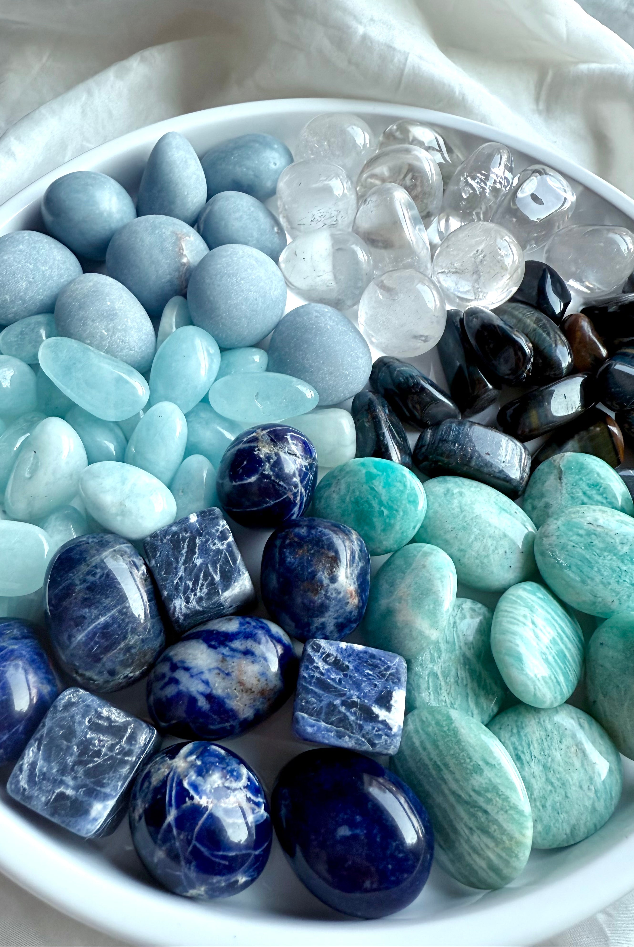 Throat Chakra Crystal Set — polished blue and clear stones for communication, creativity, and self-expression