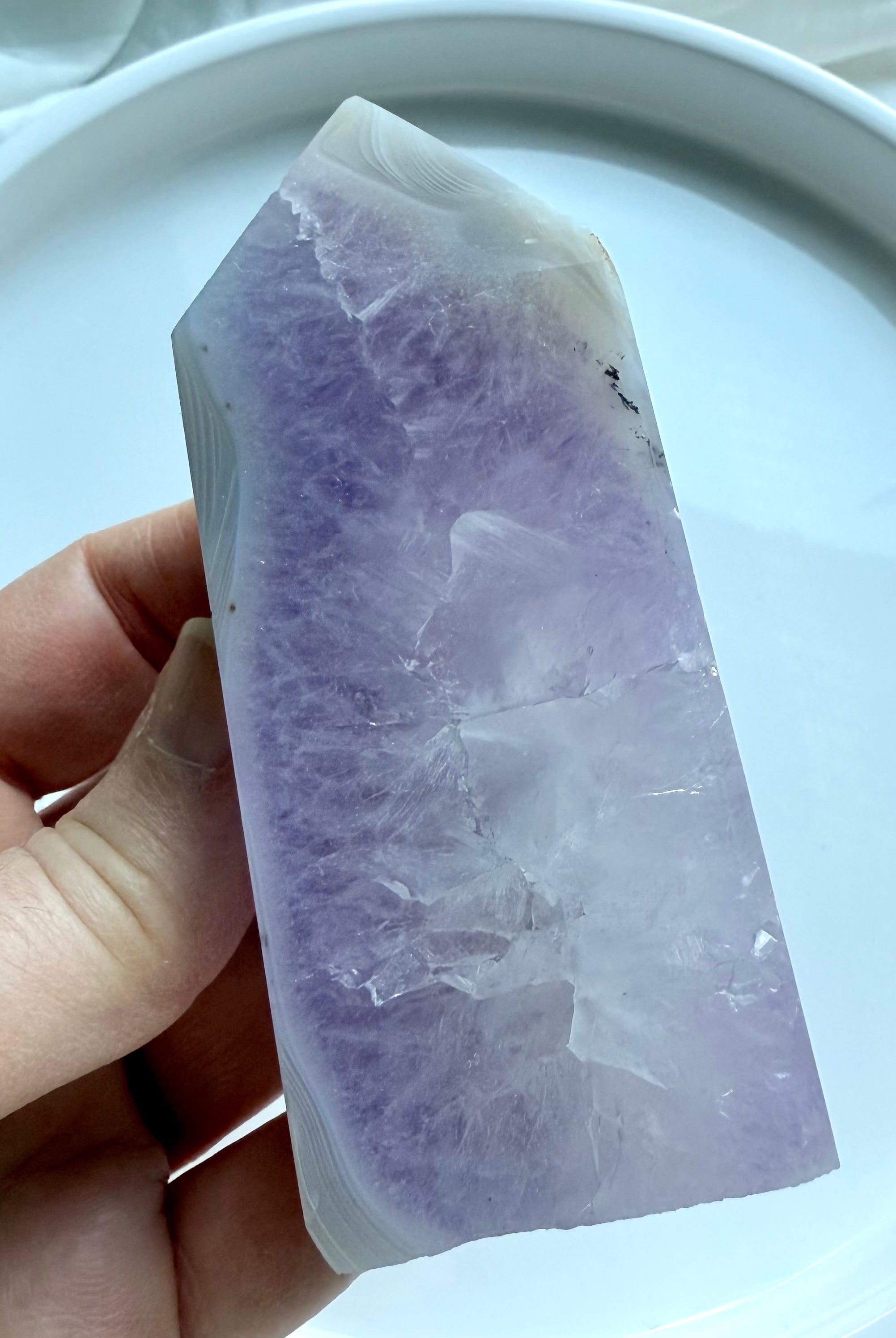 Amethyst Geode Tower standing upright with chalcedony and white agate tip