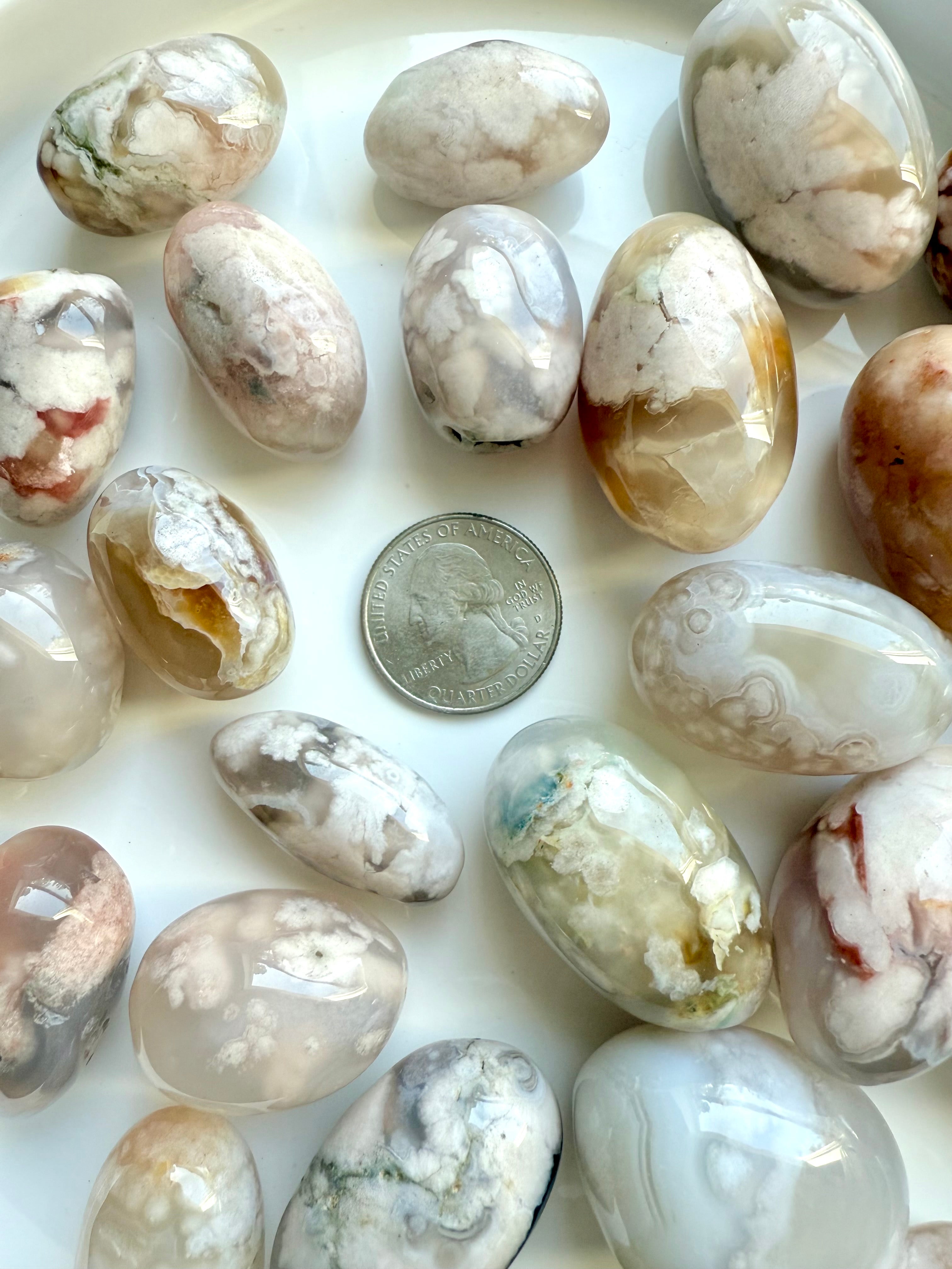 High quality Flower Agate tumbled stones with pastel color patterns shown with a quarter for scale