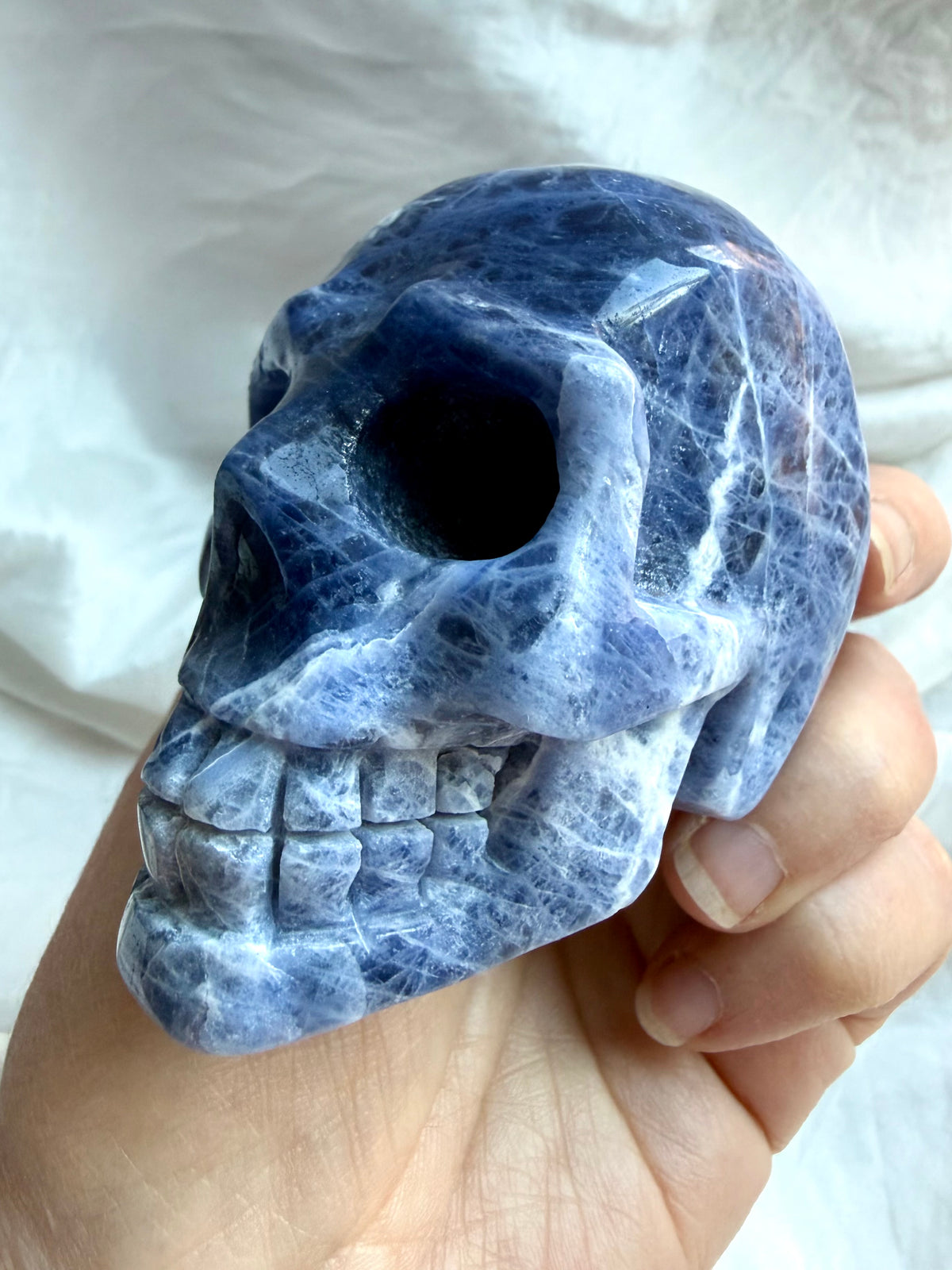 Natural Sodalite crystal skull carving with rich cobalt blue color and white mineral patterns