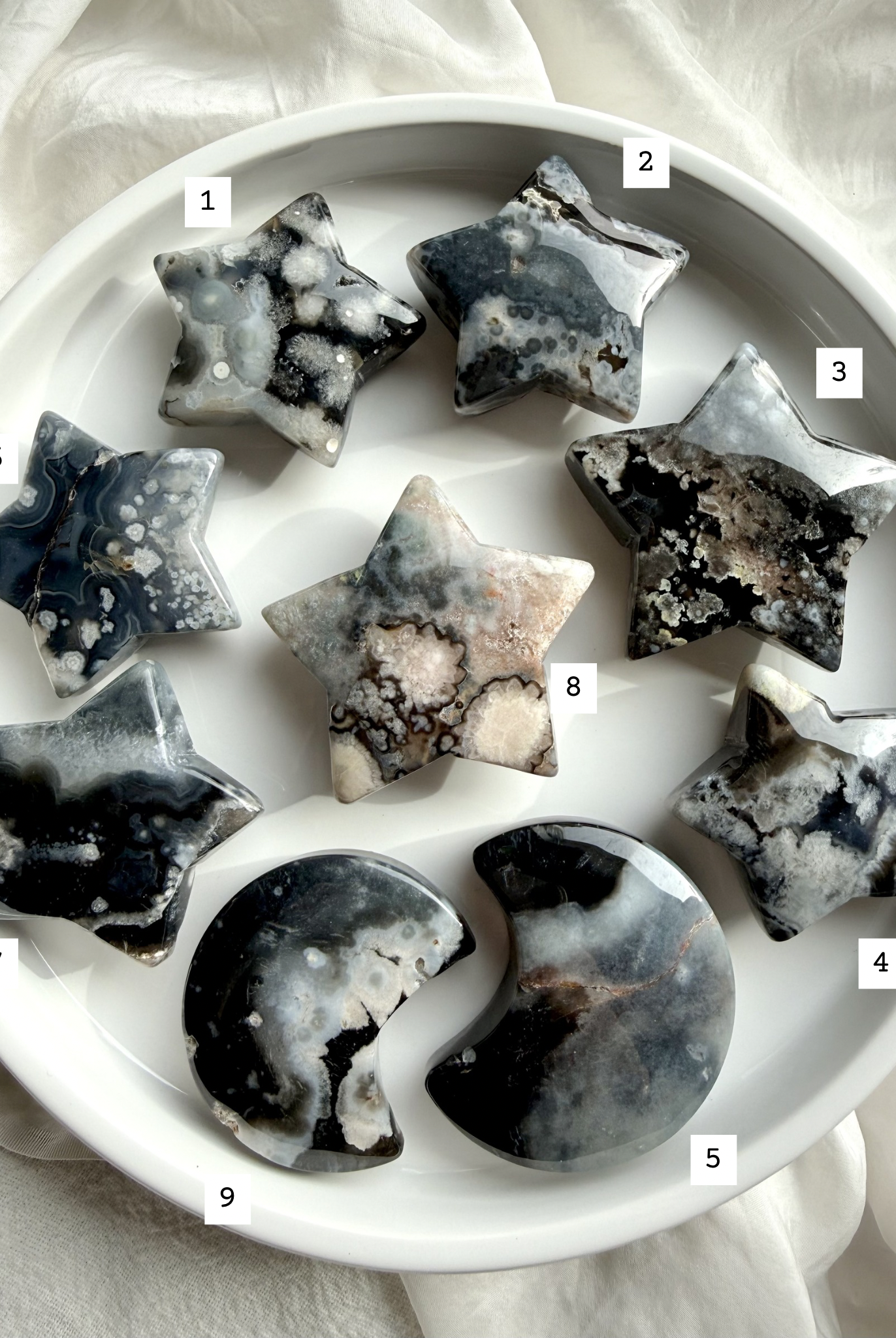 black flower agate moon and star carvings full set with numbered pieces for choose your own selection
