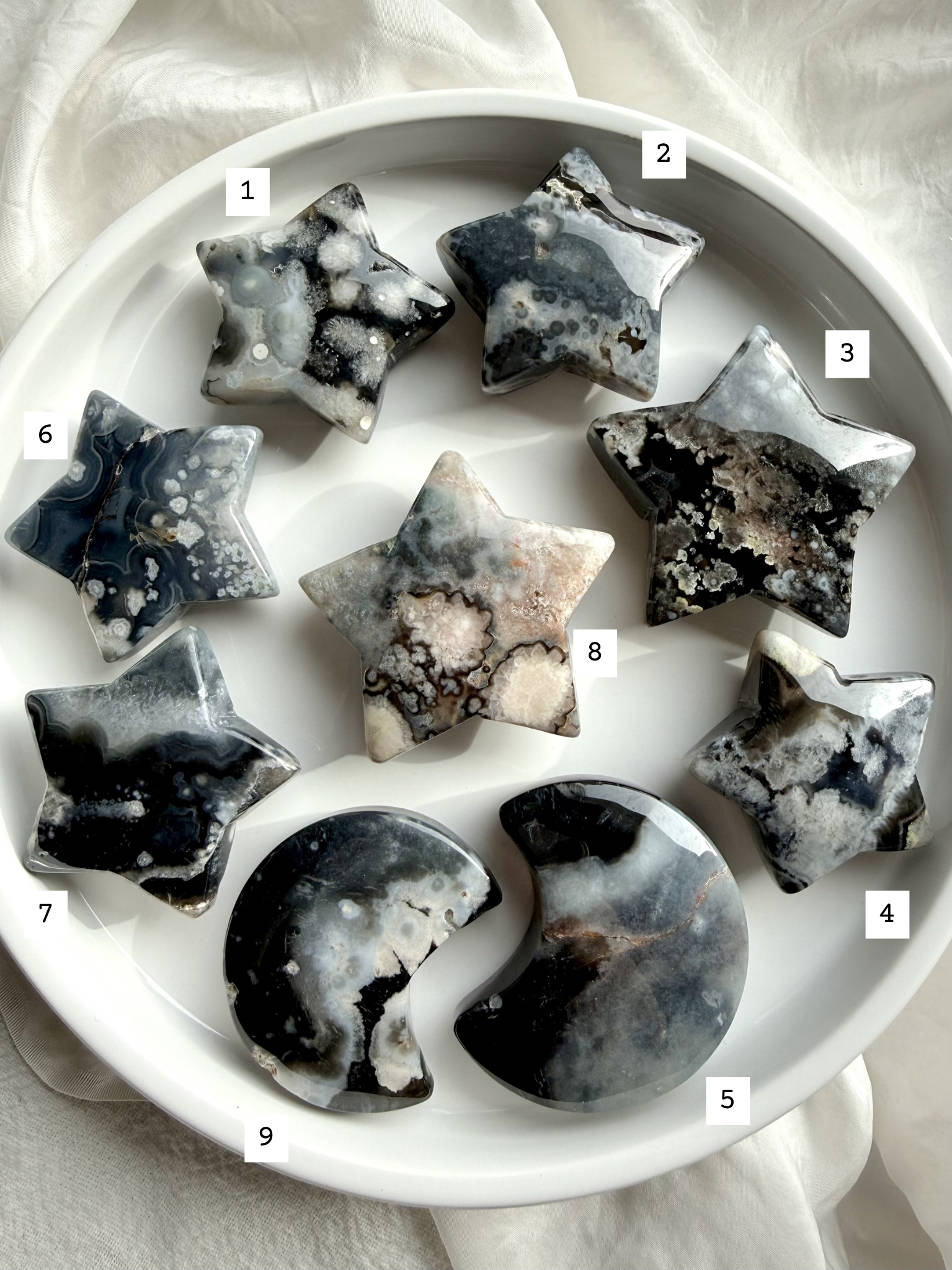 black flower agate moon and star carvings full set with numbered pieces for choose your own selection