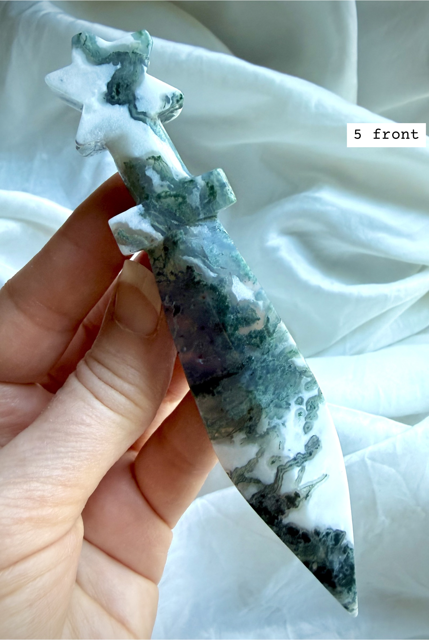 Moss Agate crystal star knife carving with natural green mossy inclusions and polished surface