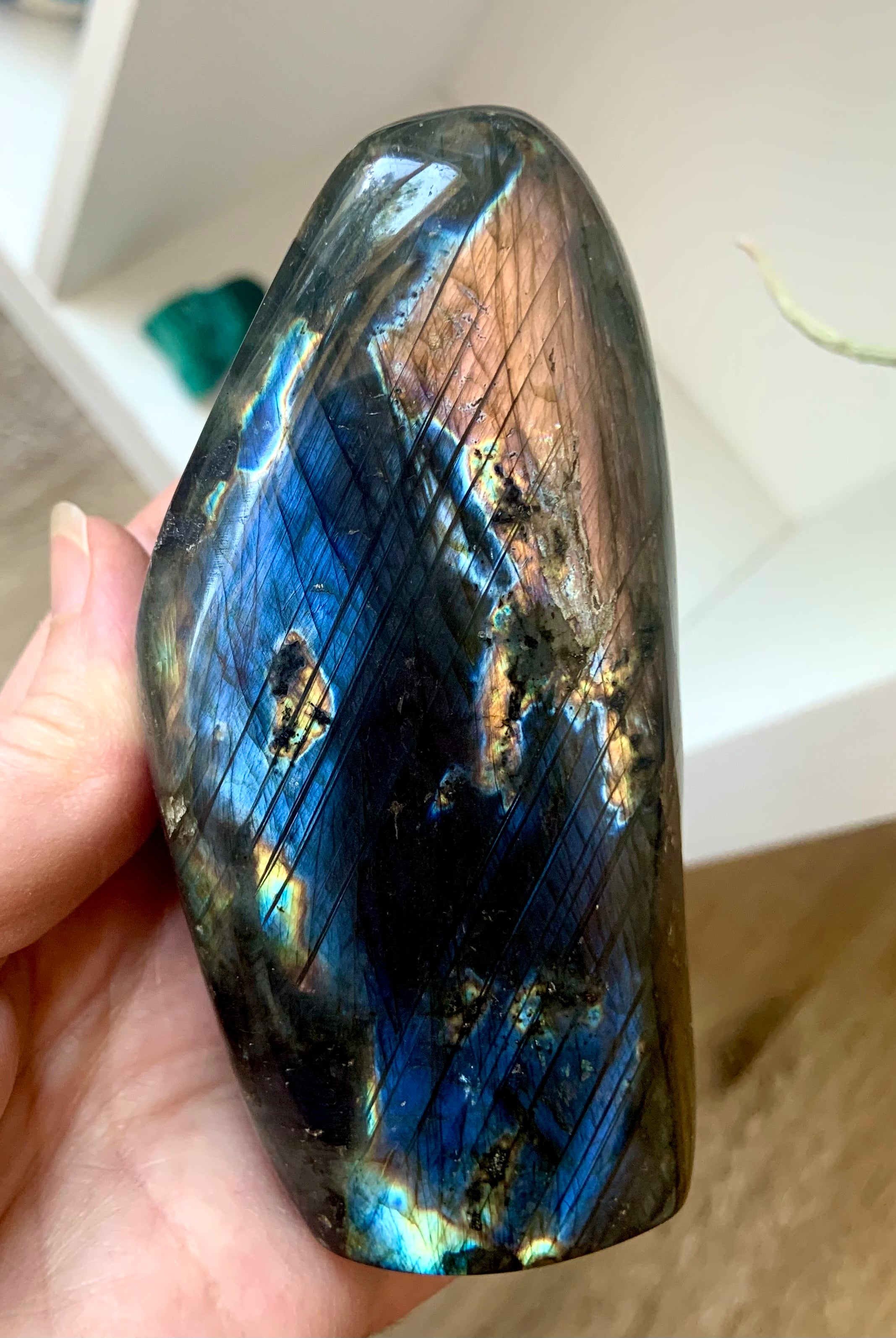 Blue + Orange Flash Labradorite Freeform with an elegant, tall oval shape will make a gorgeous addition to your crystal collection + a great gift for any crystal lover.