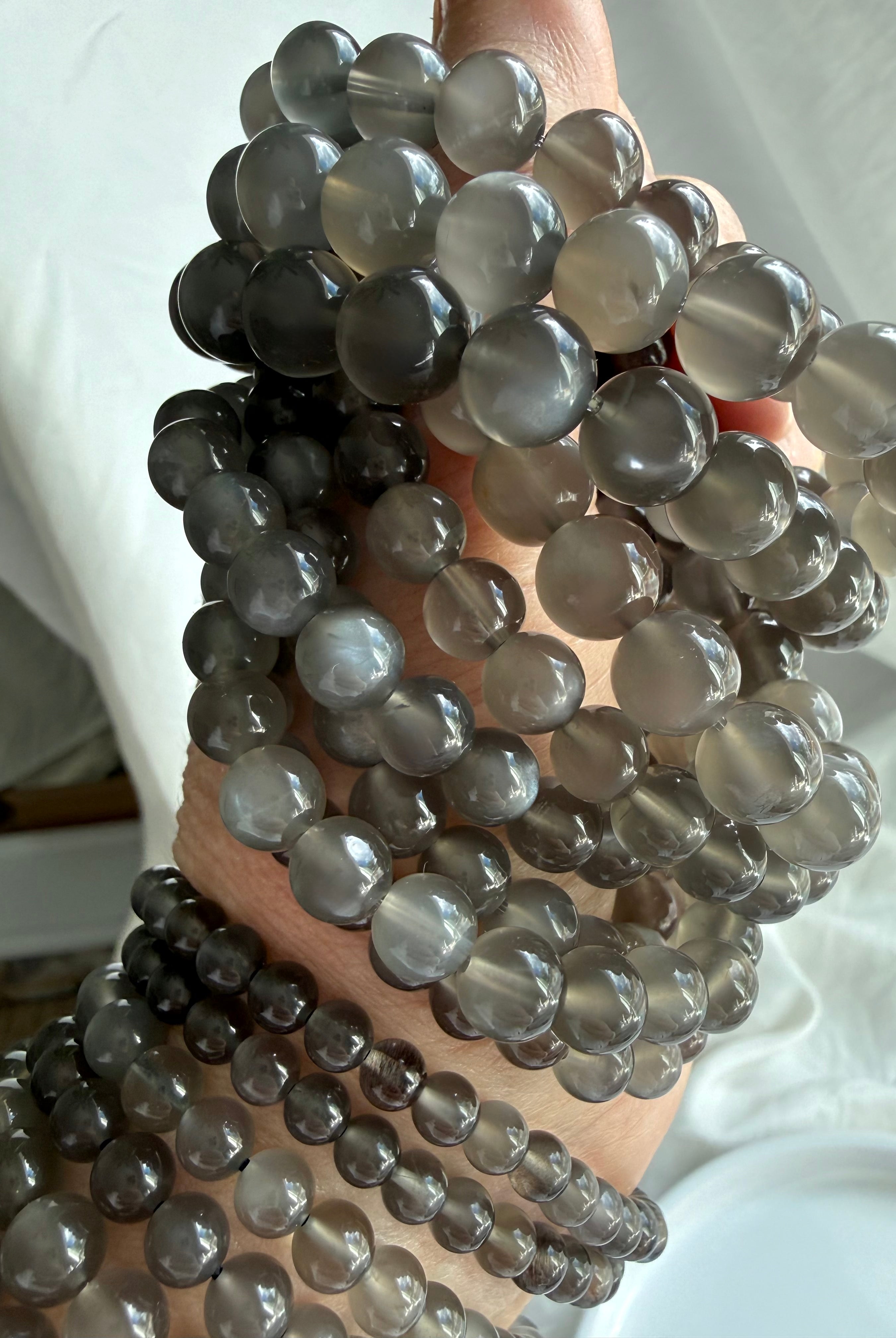 Large Black Moonstone bracelet with luminous adularescence and polished charcoal gray gemstone beads