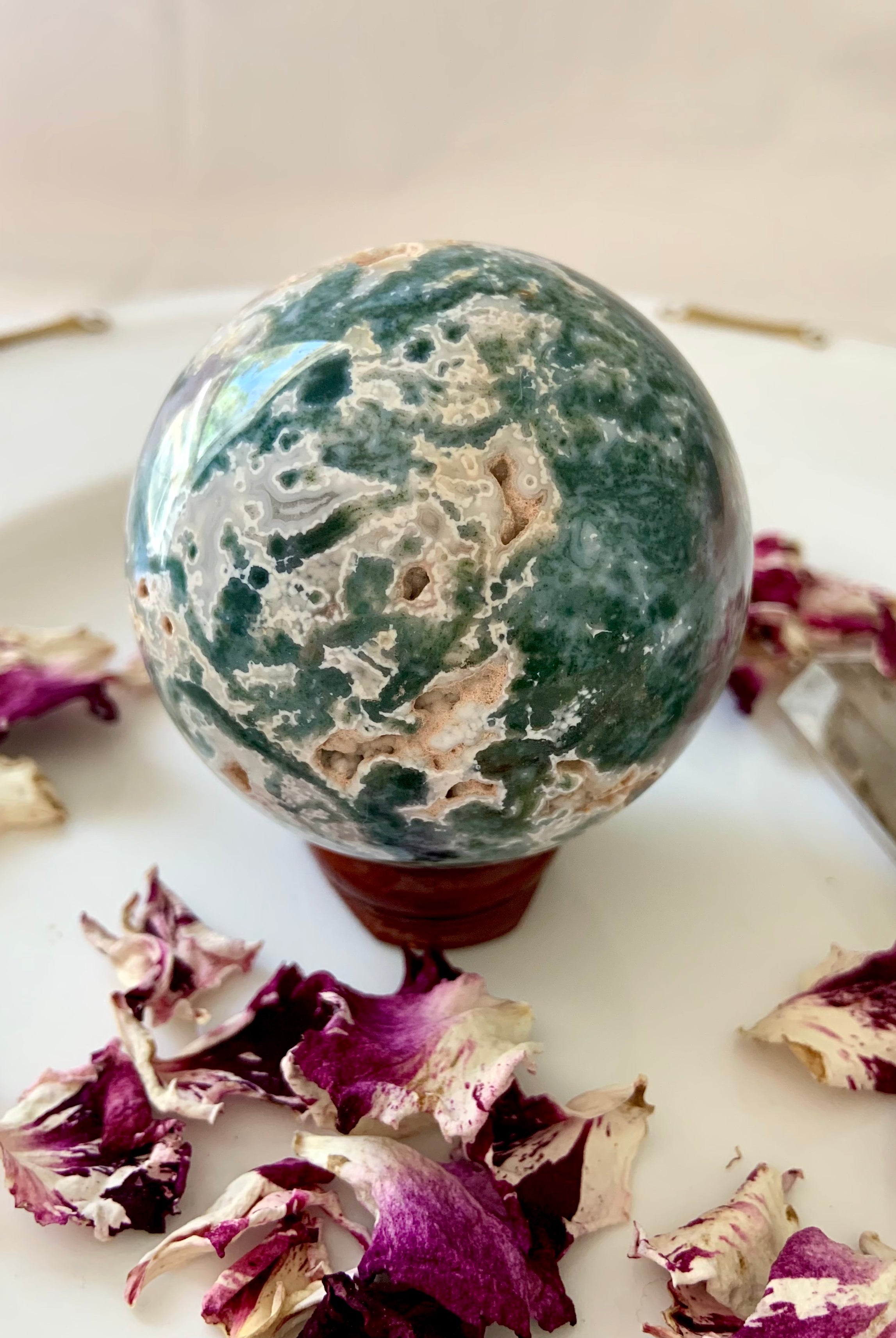 A beautiful blue green Druzy Moss Agate Crystal Sphere with white filigree patterns, comes with the wood stand in the pics. Shown on a creamy white background with rose petals.