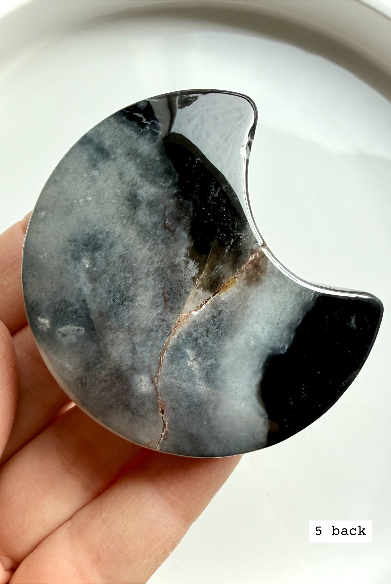 black flower agate moon carving #5 back showing natural agate variation and subtle bloom inclusions