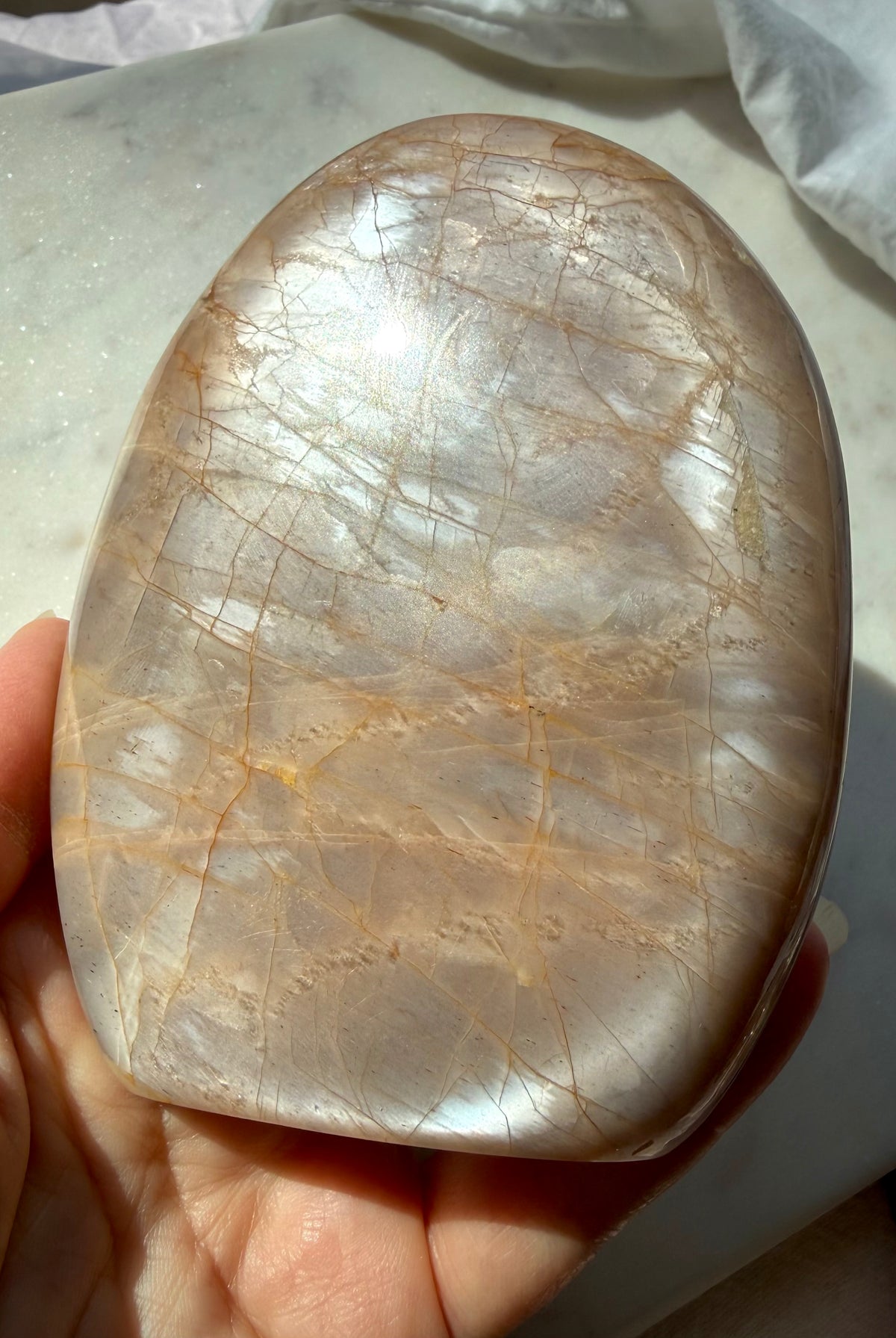 Natural Peach Moonstone freeform with silvery white shimmer, peach orange color and mineral patterns