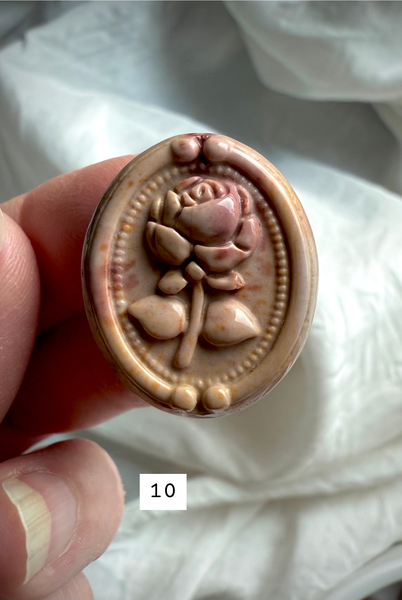 olychrome Jasper Rose carving #10 showcasing warm golden beige, blush, and natural banding