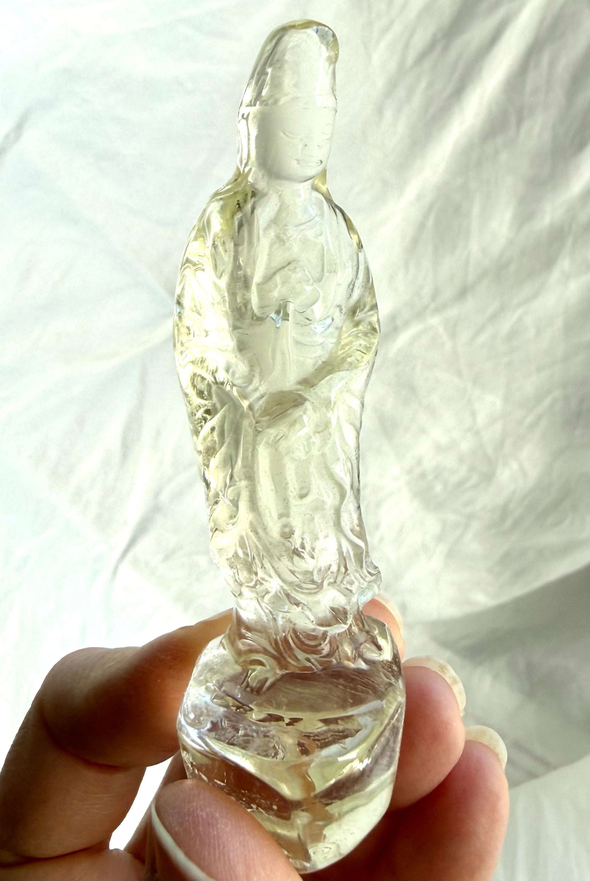 front view of Citrine Quan Yin statue carved from natural Citrine for joy confidence and abundance