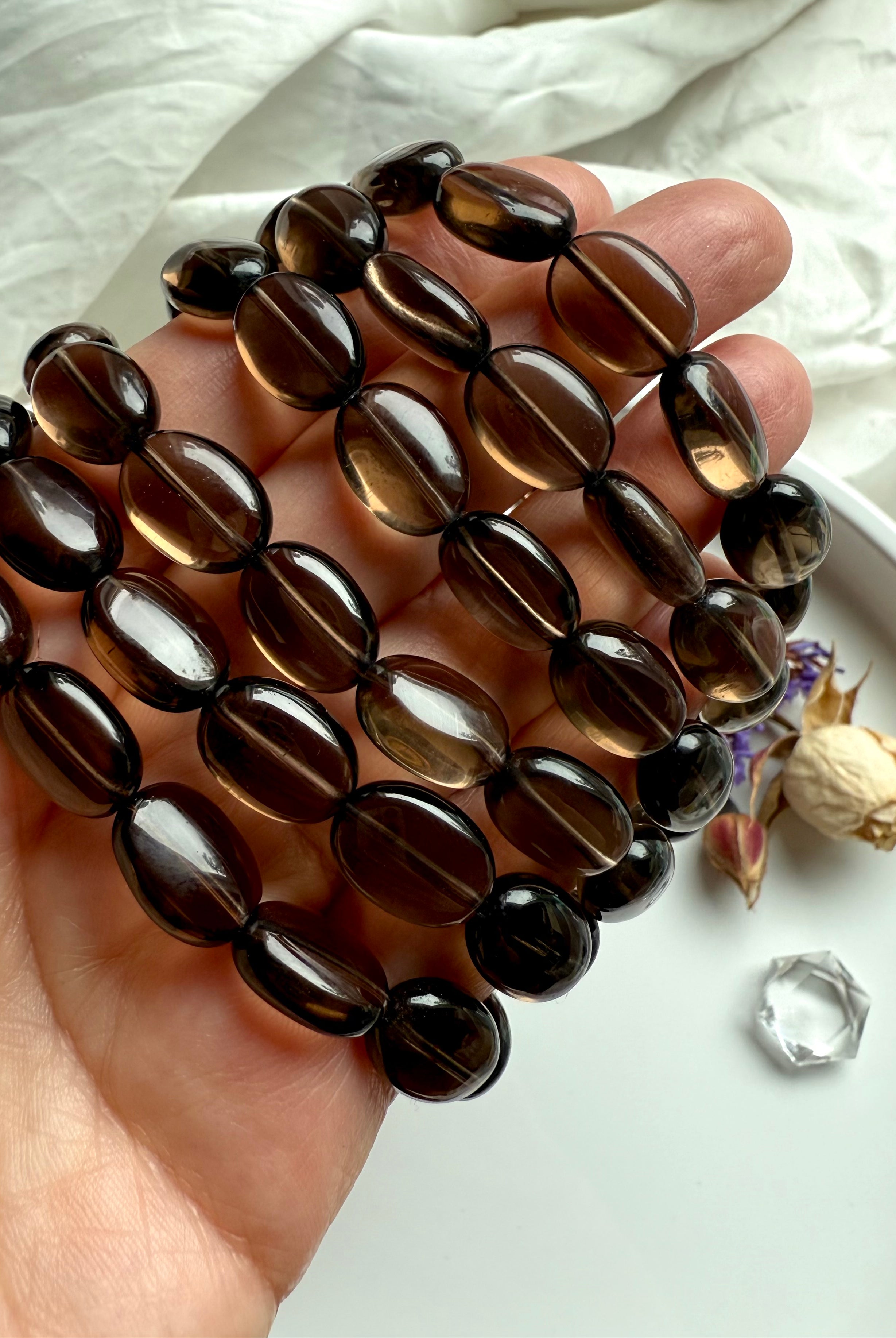 Smoky Quartz healing crystal bracelets – high-clarity flat oval beads for energy clearing