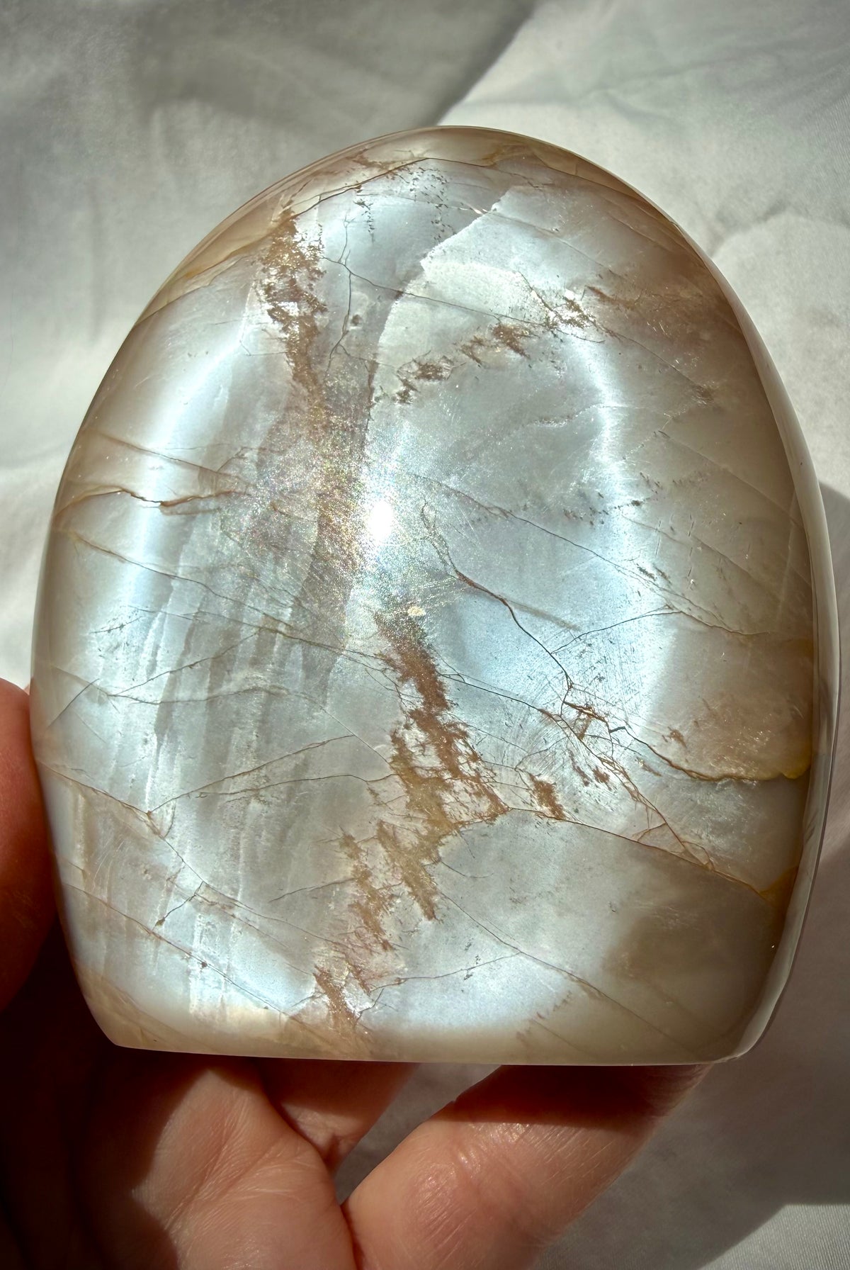 Natural Peach Moonstone crystal with luminous silver shimmer and soft peach color, a one-of-a-kind Madagascar freeform