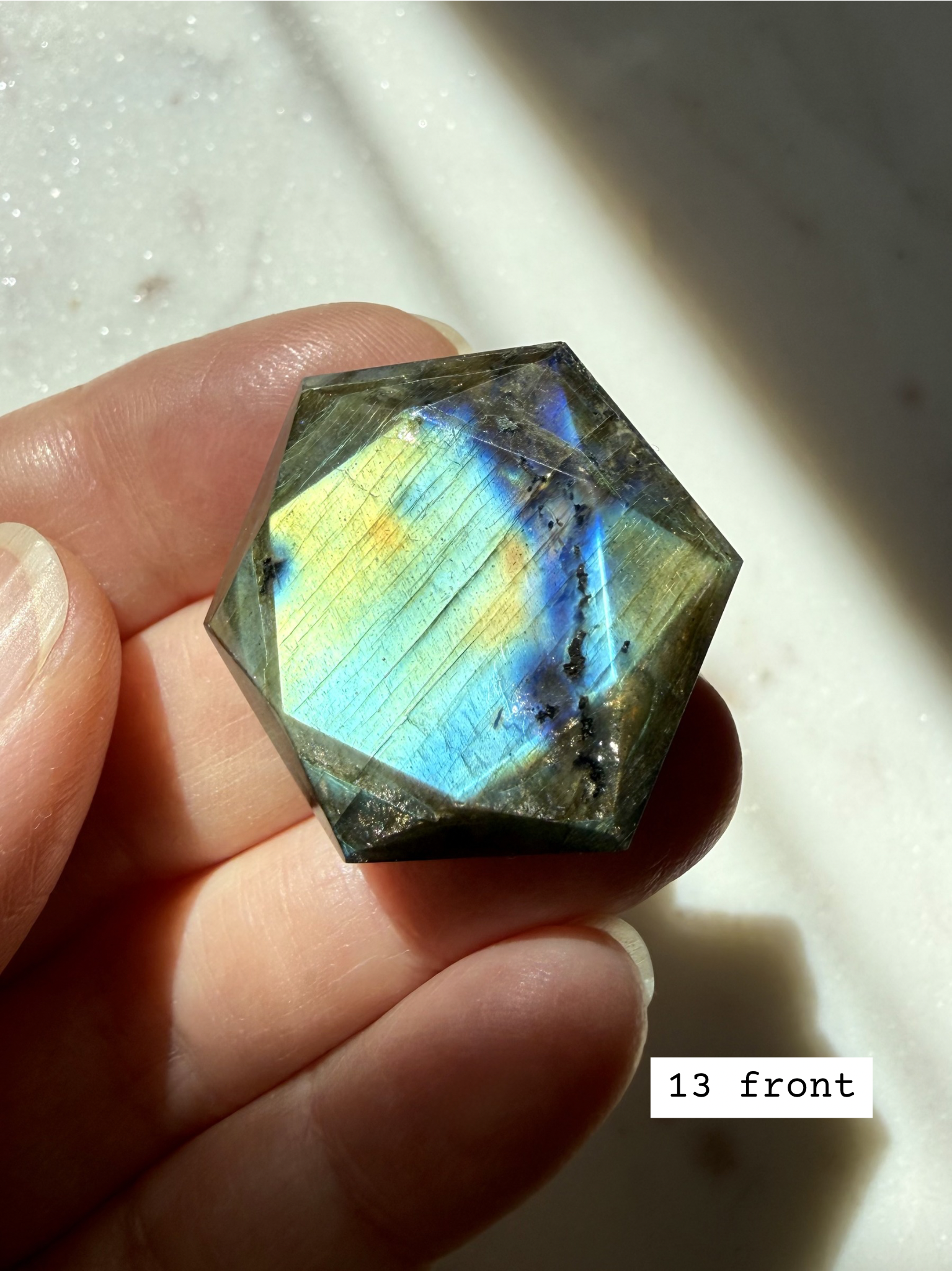 Faceted Labradorite hexagon crystal – Star of David sacred geometry for Third Eye Chakra, teal blue labradorescence, front view
