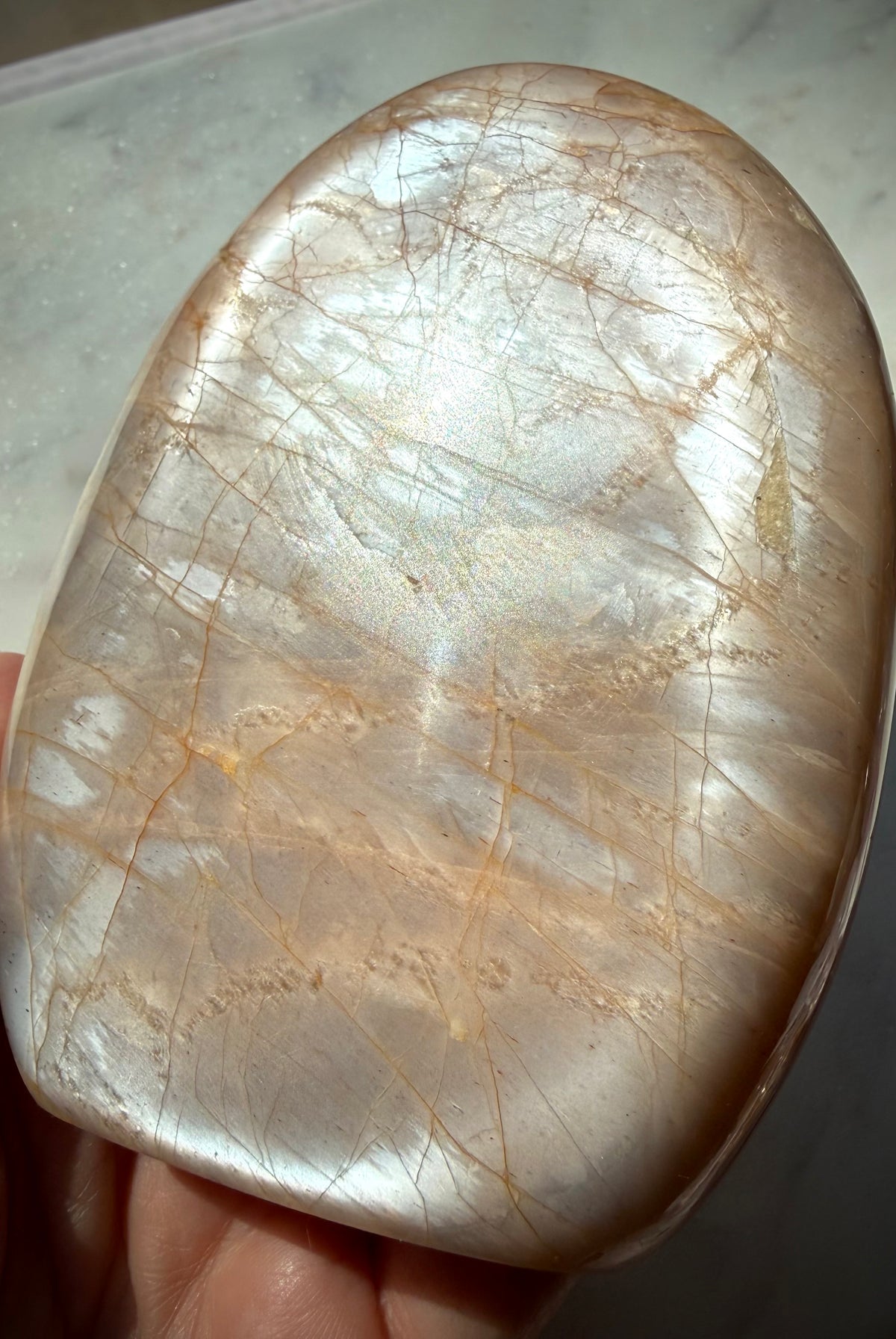 Peach Moonstone freeform with luminous silvery shimmer and warm peach tones, crystal for intuition and emotional healing