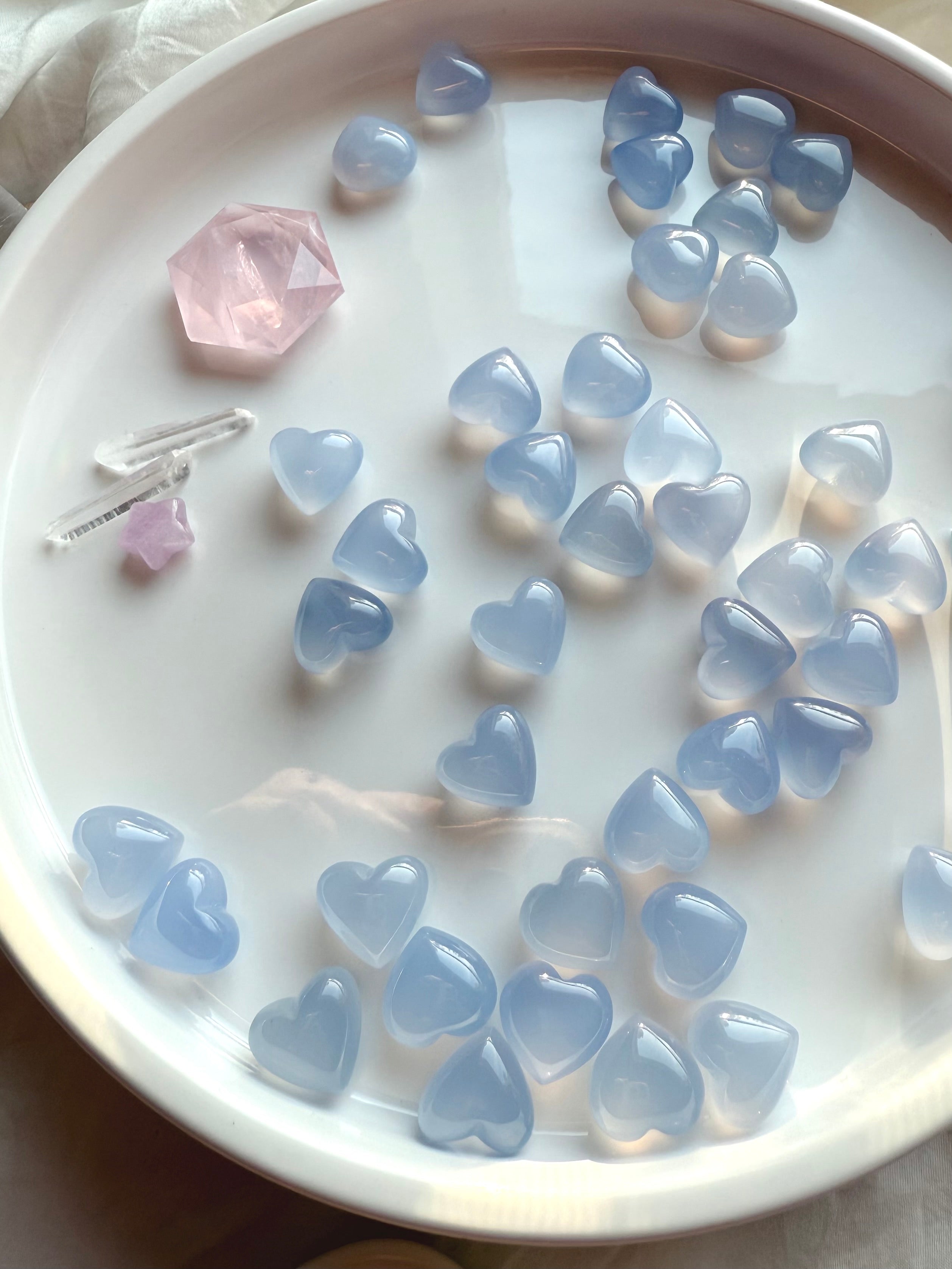 Blue Chalcedony mini heart crystals styled with clear quartz points and rose quartz, calming Throat Chakra stones for gentle communication