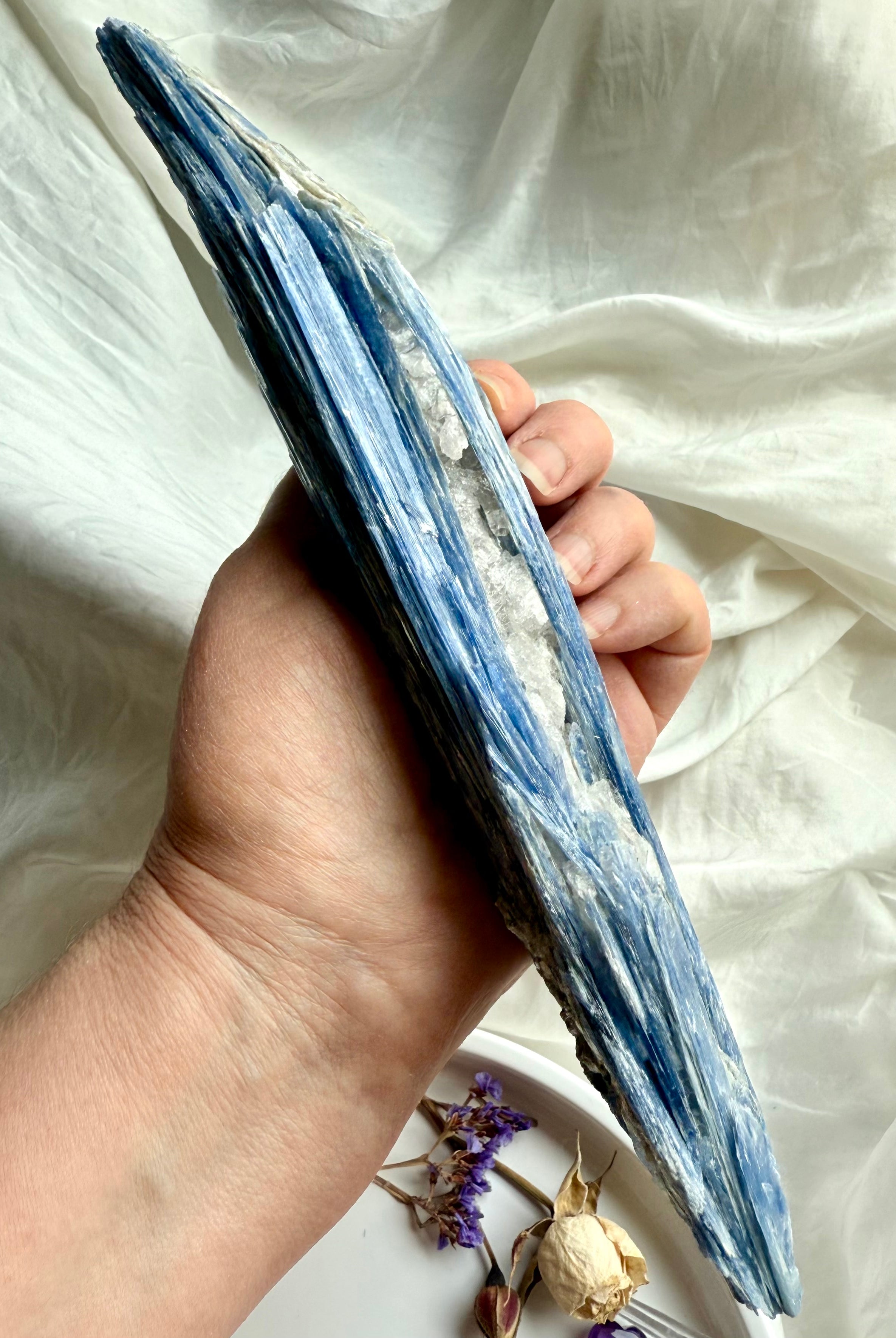 Natural blue kyanite crystal wand with quartz + tourmaline, high vibration meditation stone for clarity, calm + spiritual growth
