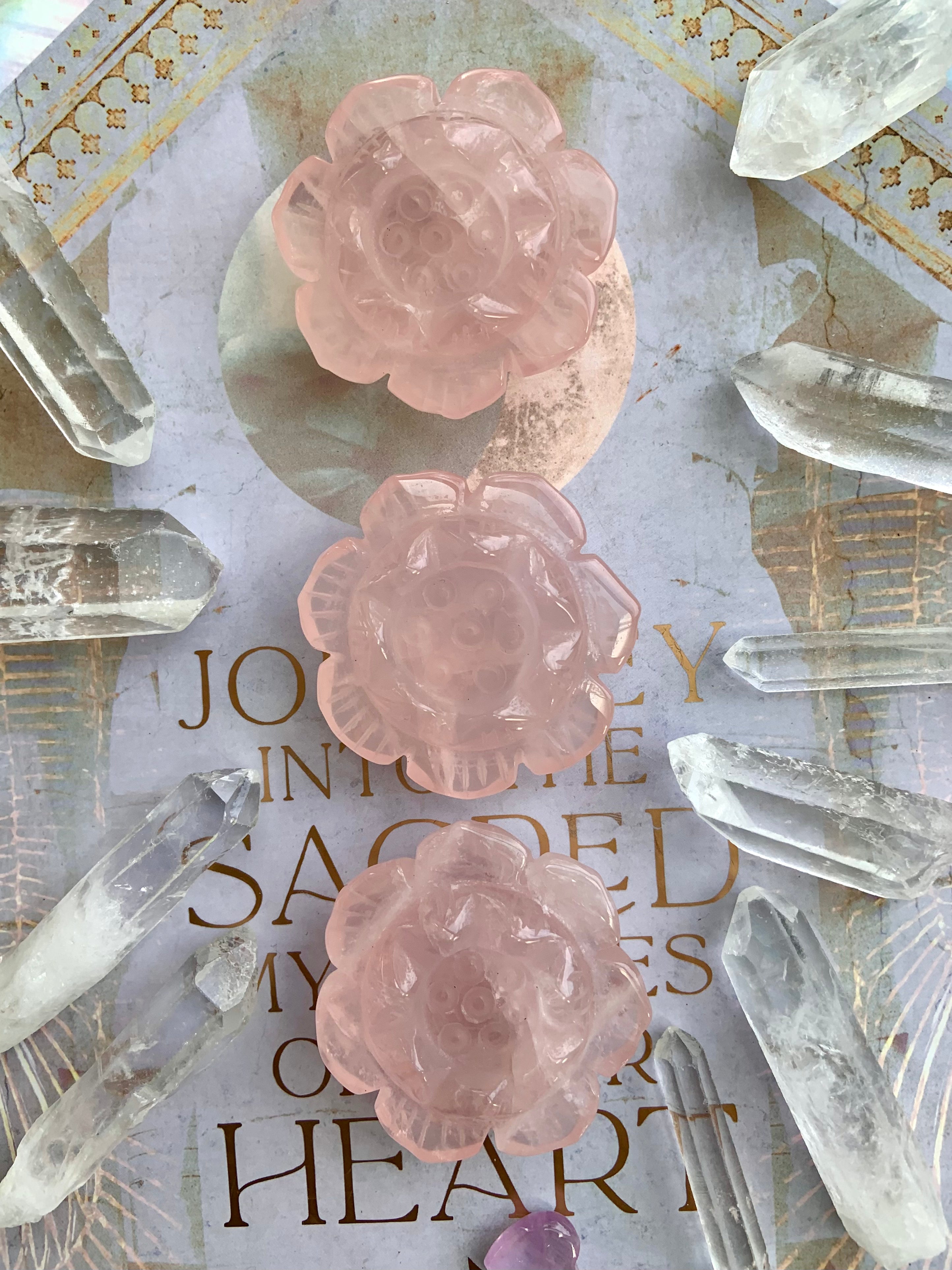Rose Quartz lotus flower crystal holders with clear quartz points and amethyst heart, heart chakra meditation decor