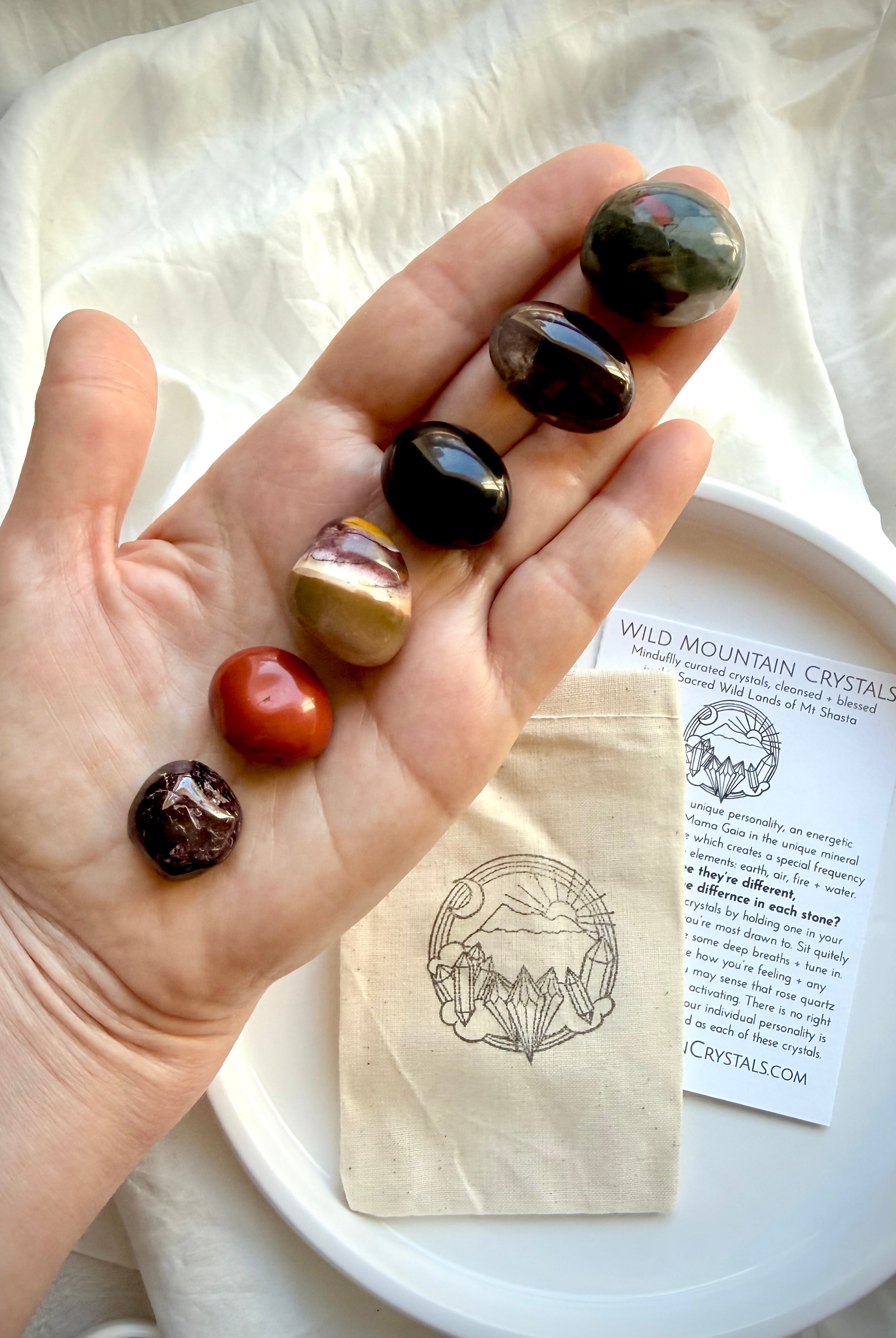 Root Chakra Crystal Set with crystal guide card, cotton pouch, and grounding stones for meditation and chakra healing