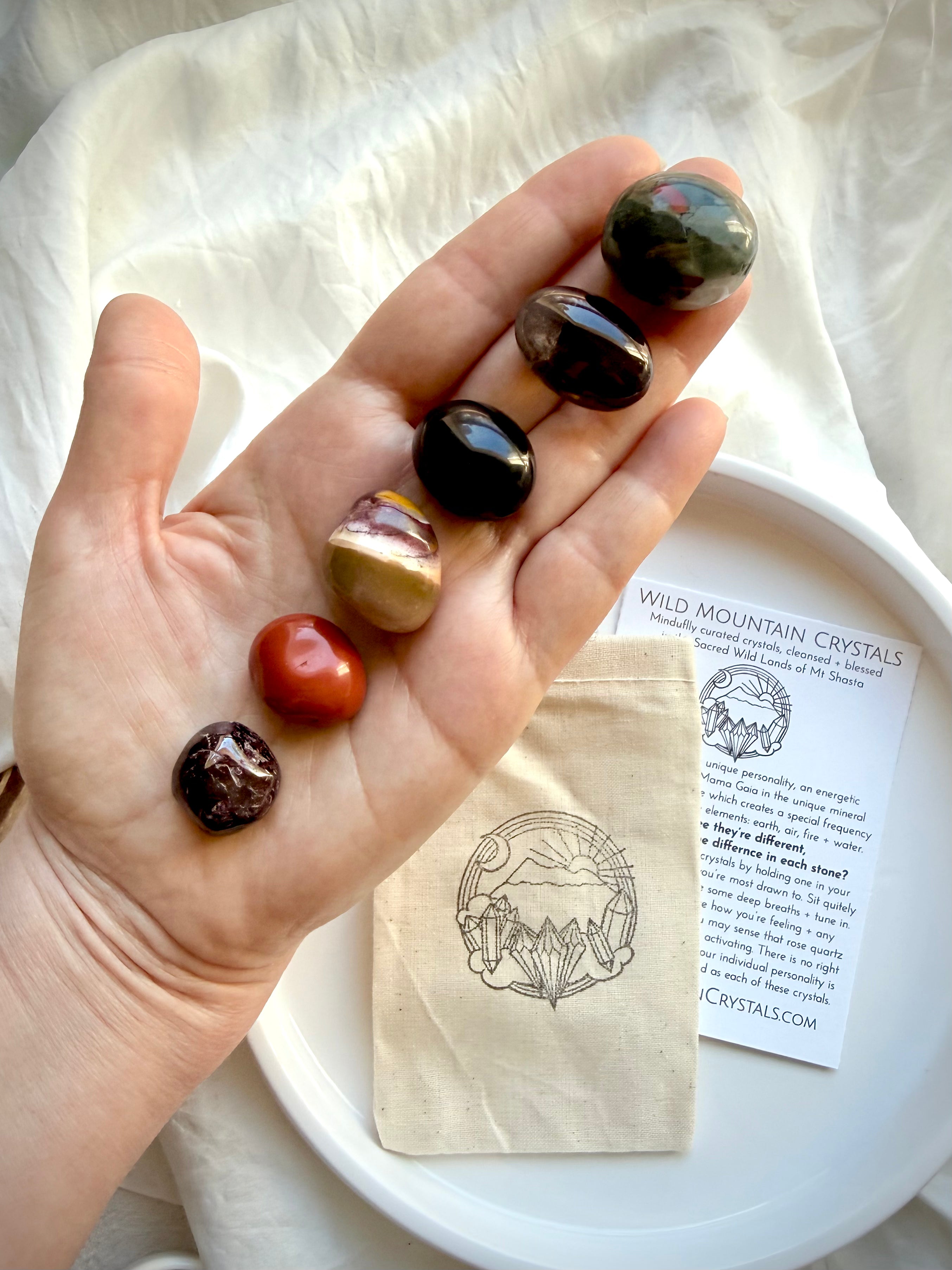 Root Chakra Crystal Set with crystal guide card, cotton pouch, and grounding stones for meditation and chakra healing