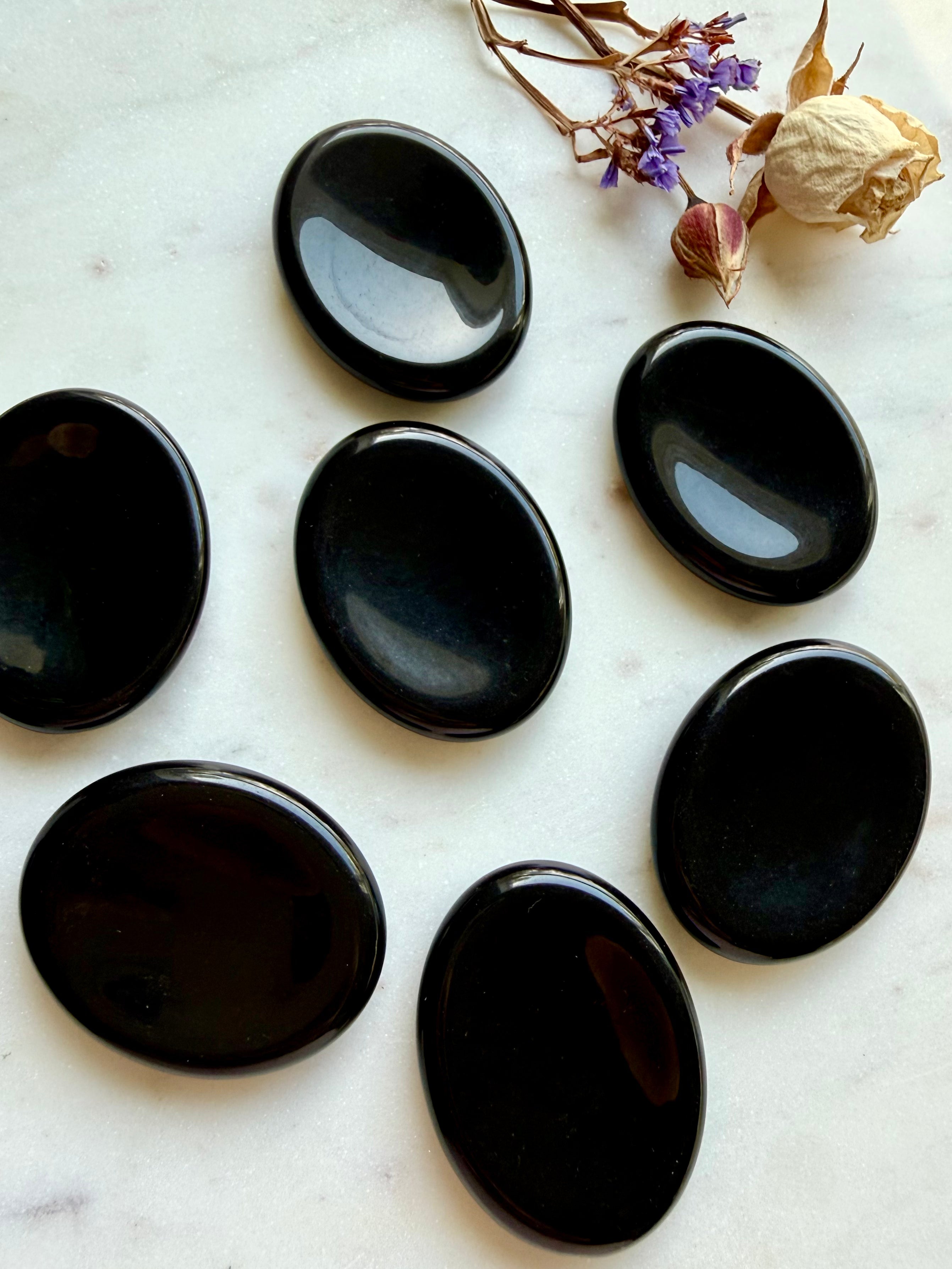 Black Obsidian thumb stones – smooth polished crystals for protection, stress relief + crystal healing rituals
