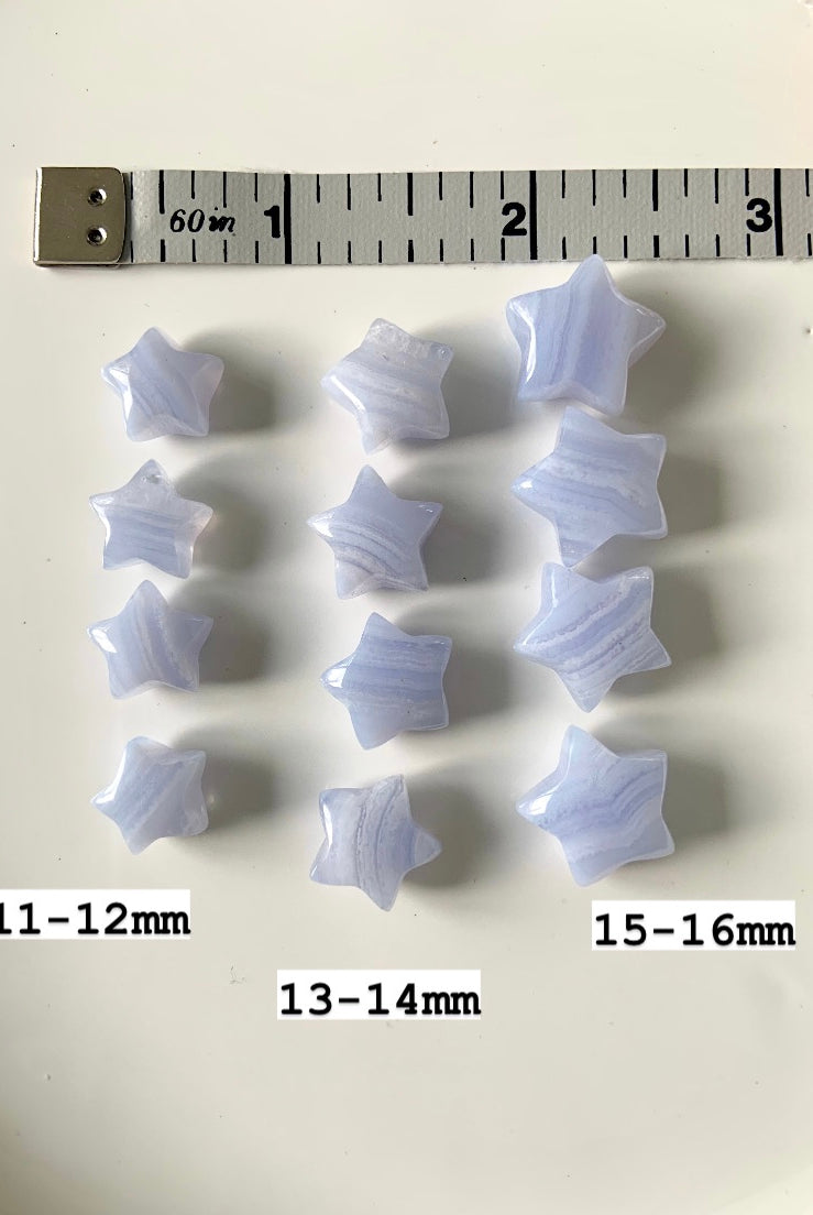 Blue Lace Agate stars arranged in 3 rows with measuring tape & sizes labeled — mini crystals for calm, clarity & self-expression.