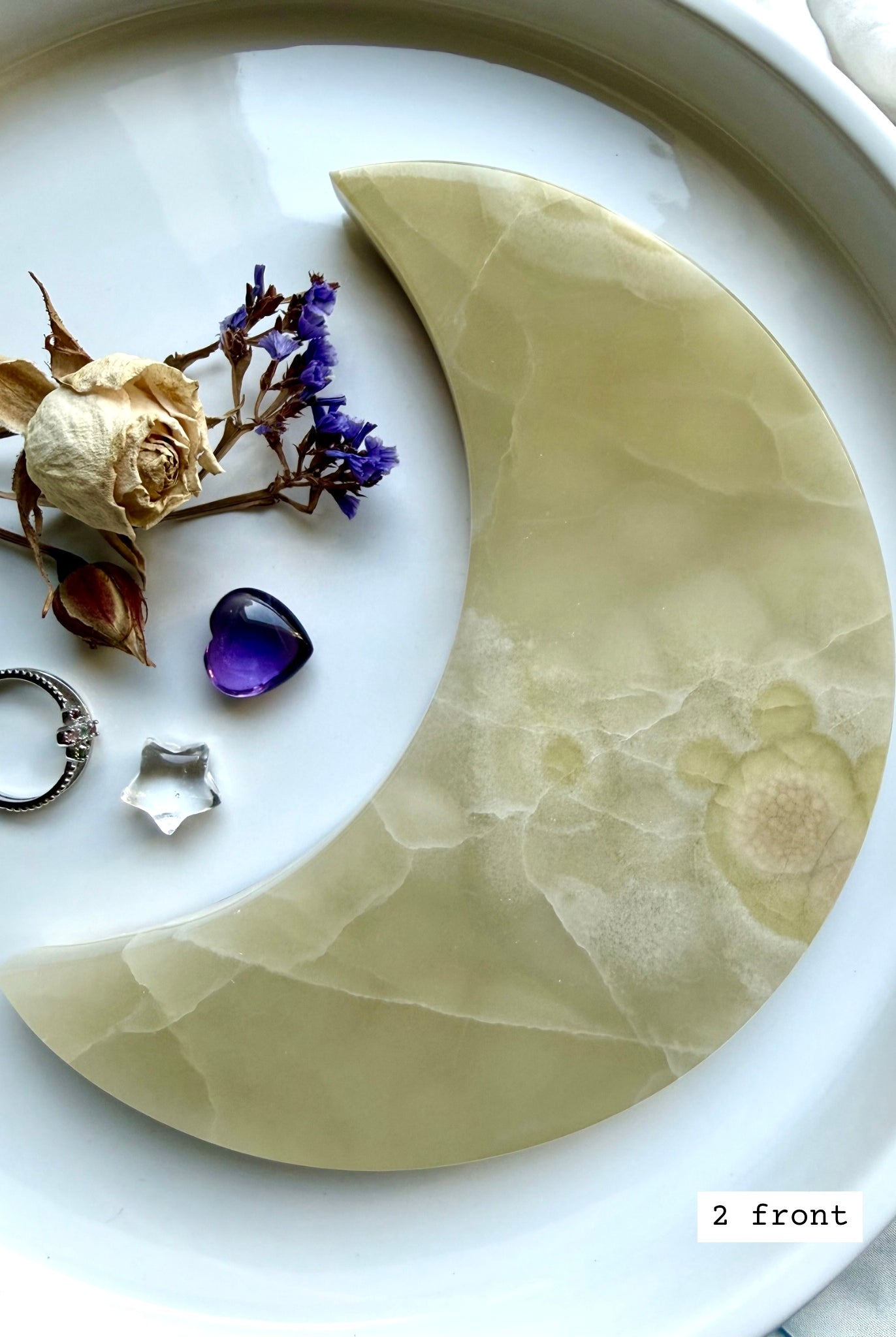 white onyx crescent moon plate # 2 front Mexican onyx crystal moon dish with warm cream and honey tones