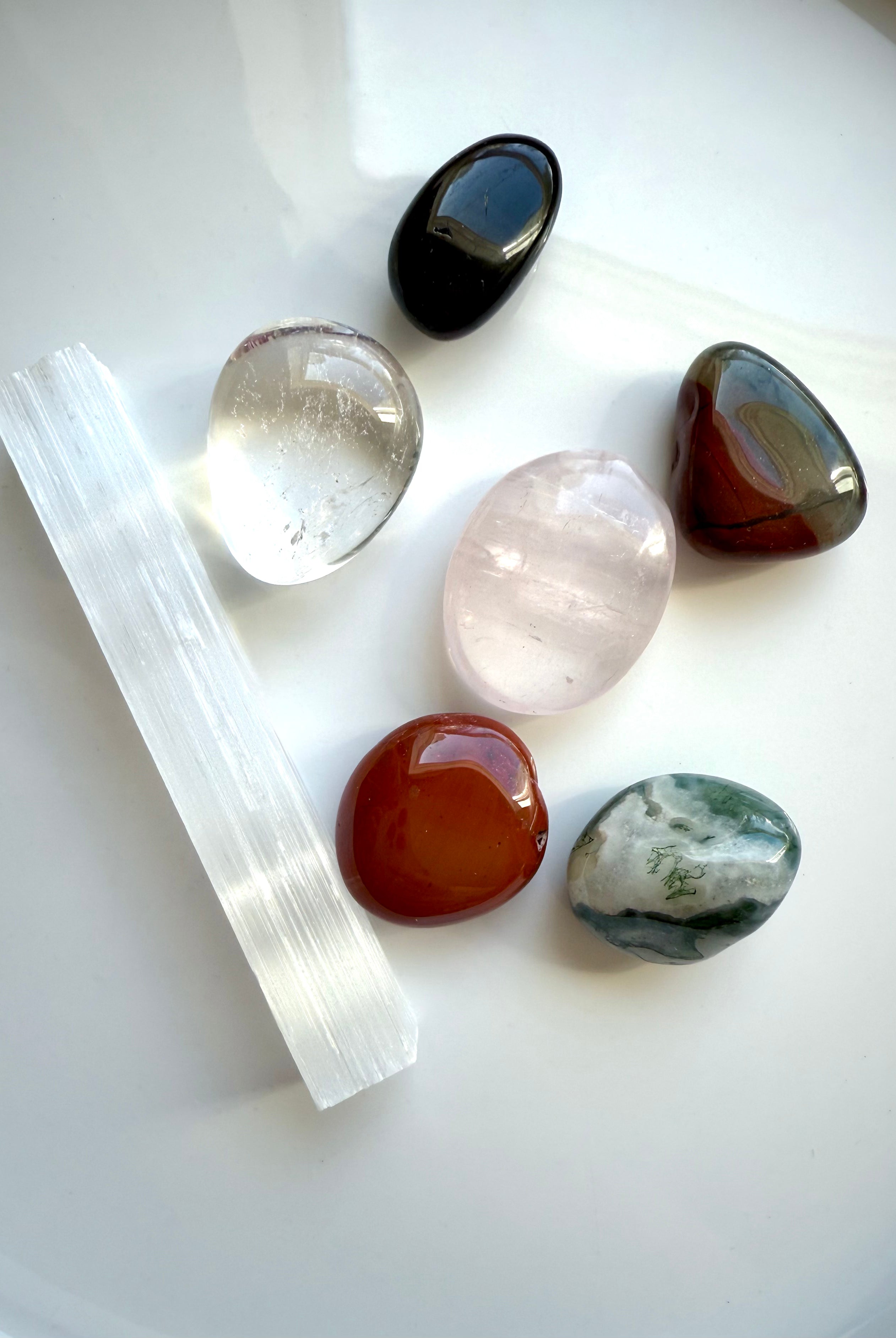 Assorted Get Well healing stones including Red Jasper, Selenite, and Moss Agate