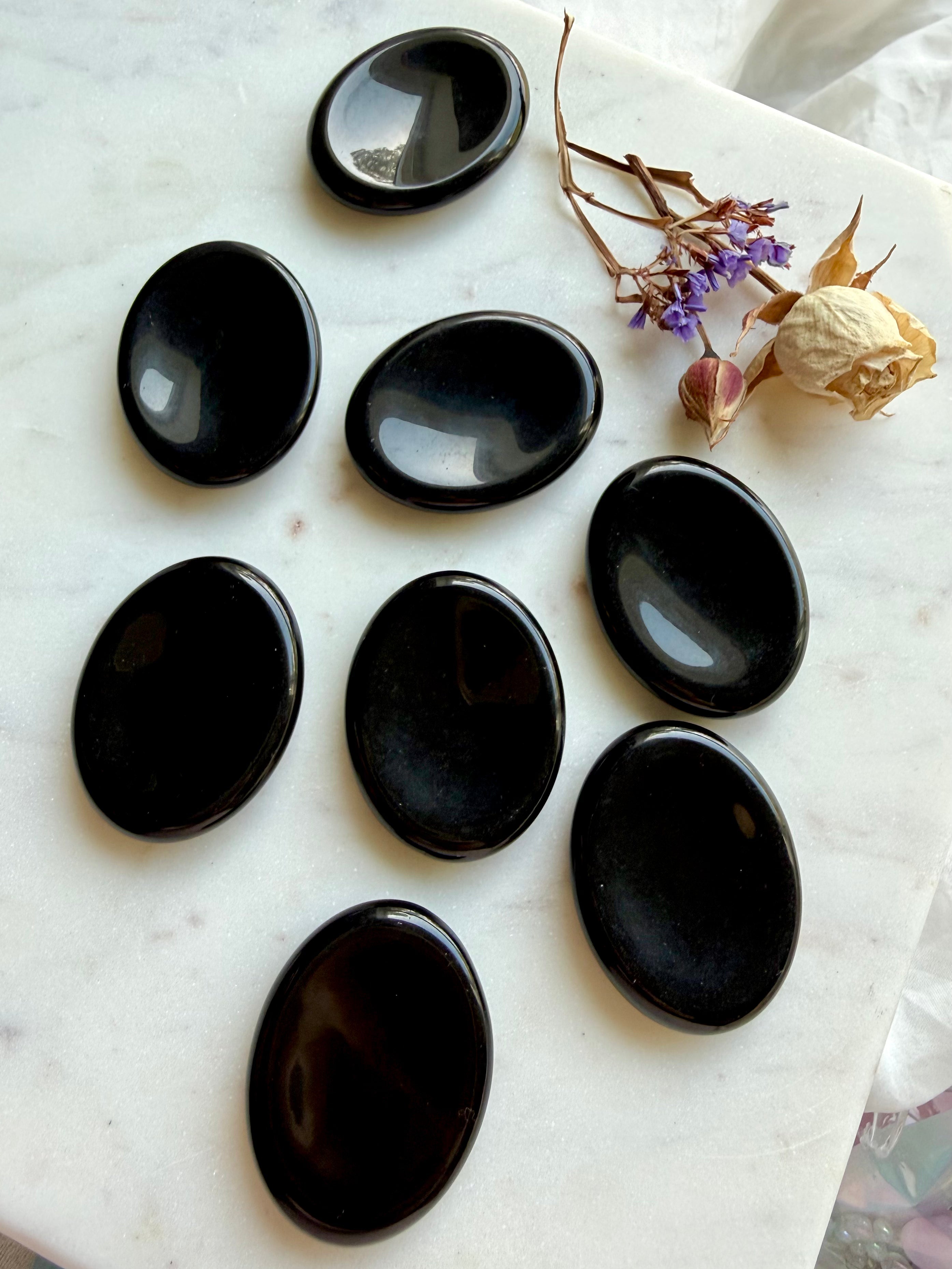 Group of 8 polished Black Obsidian worry stones – pocket-sized crystals for anxiety, grounding + spiritual balance