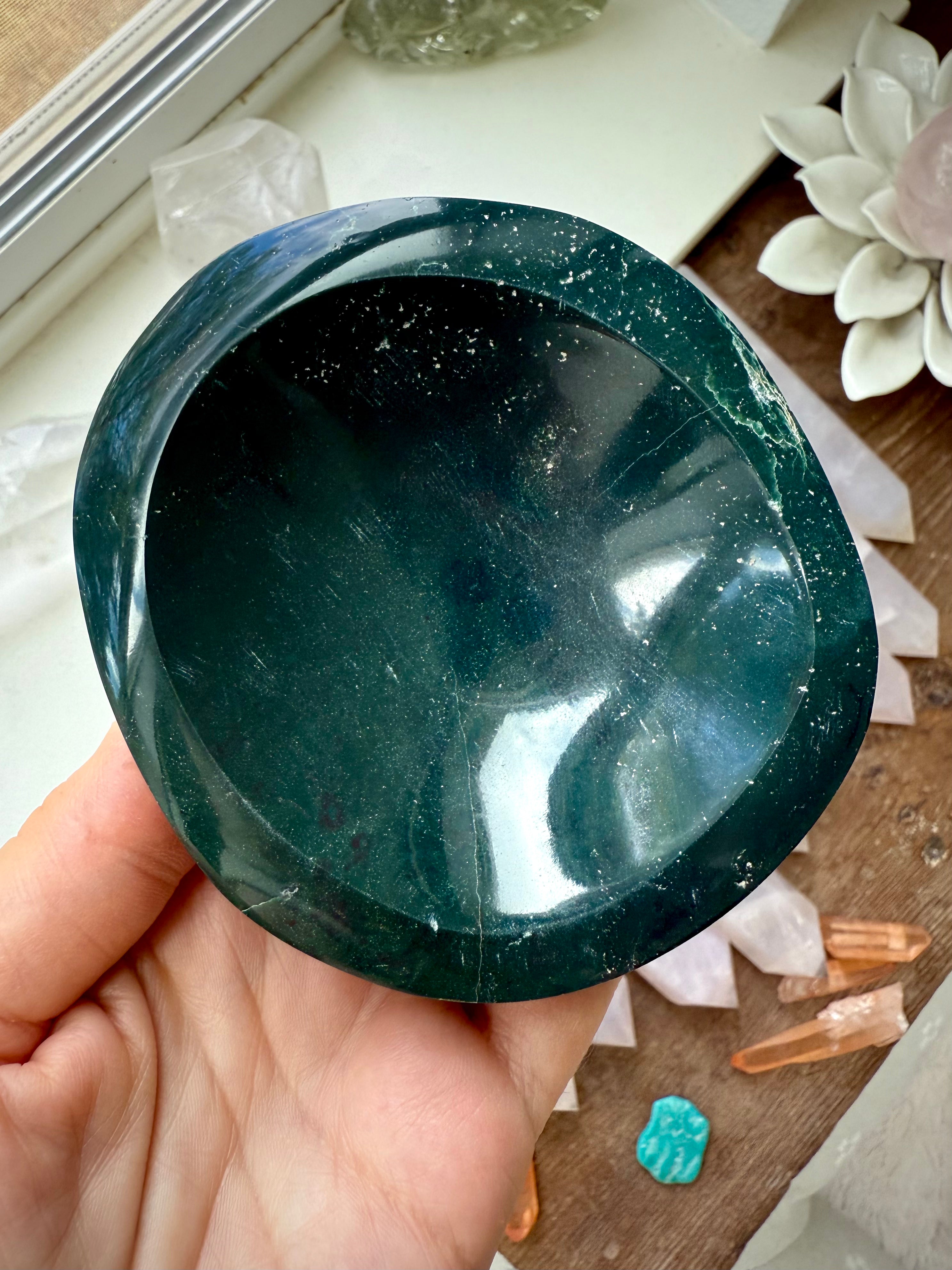 A teal green Ocean Jasper Bowl, a one of a kind hand carved stone bowl to organize your treasures